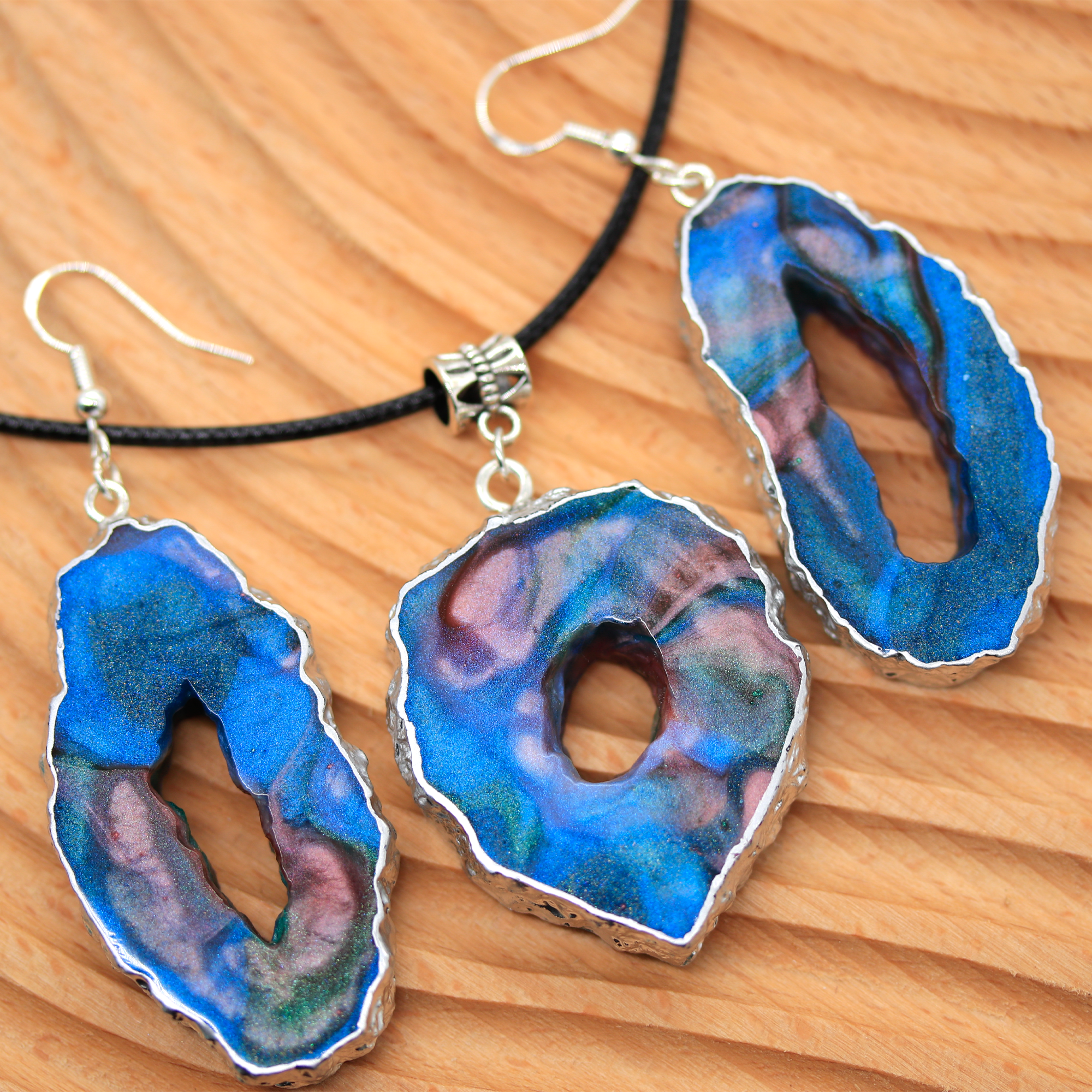 Blue + Pink Marble Geode Pendant image 1
