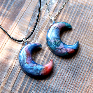 Blue and Coral Crescent Moon Pendant - Calico Unicorn