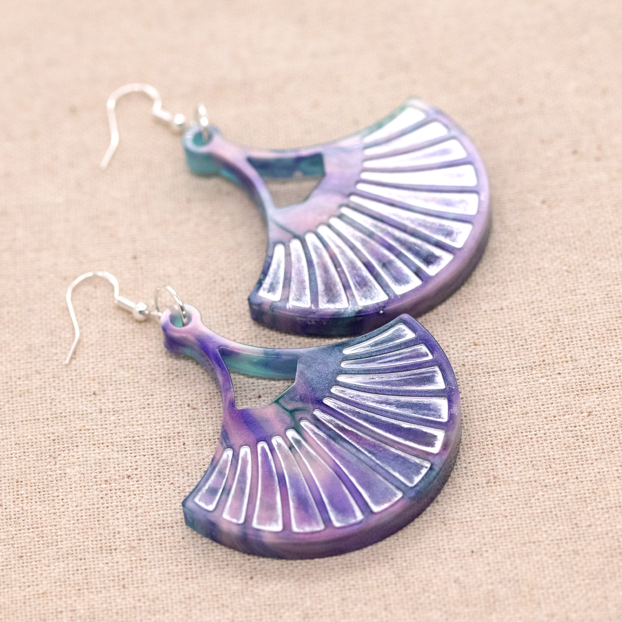 Fan-Shaped Purple Marble Boho Earrings - Calico Unicorn