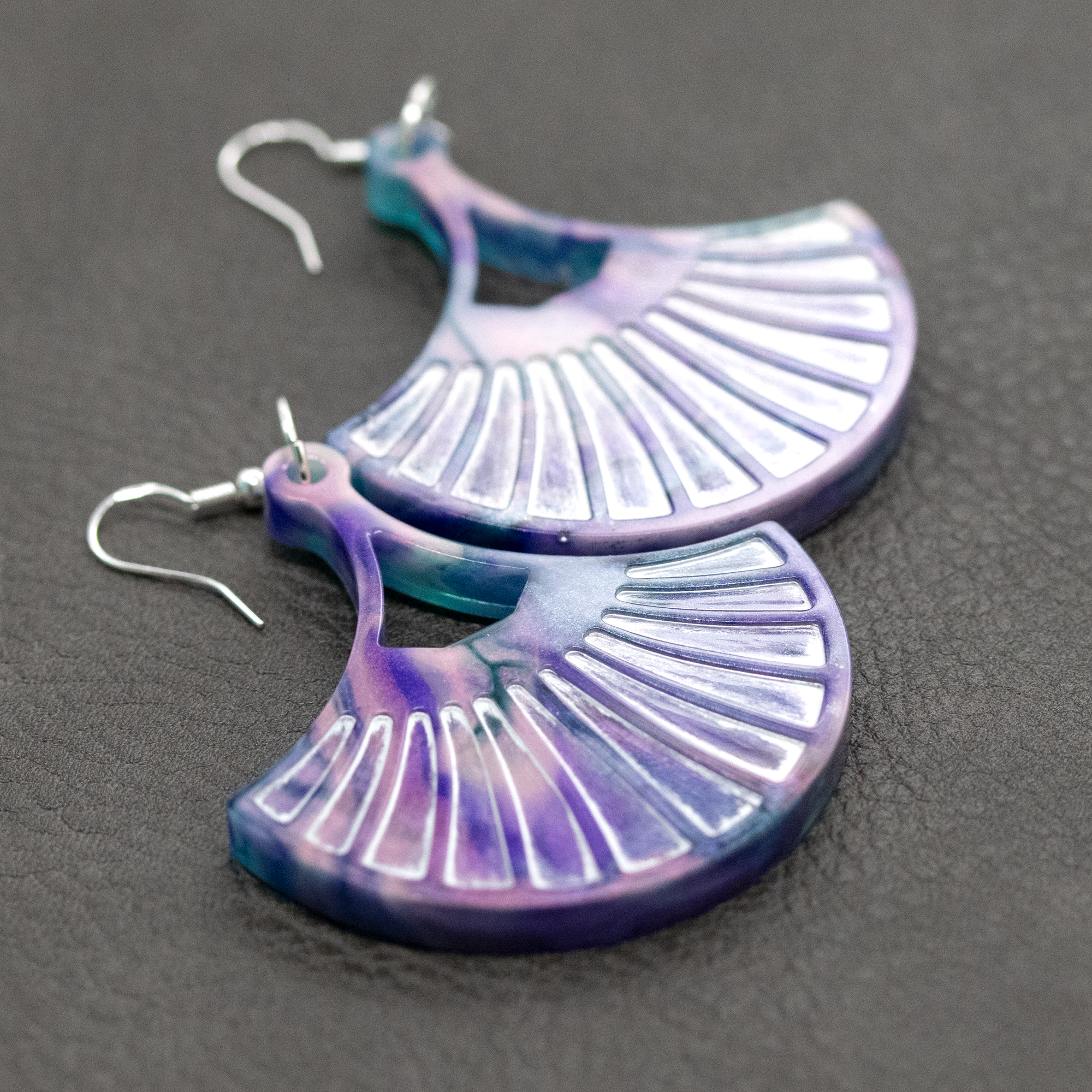 Fan-Shaped Purple Marble Boho Earrings - Calico Unicorn