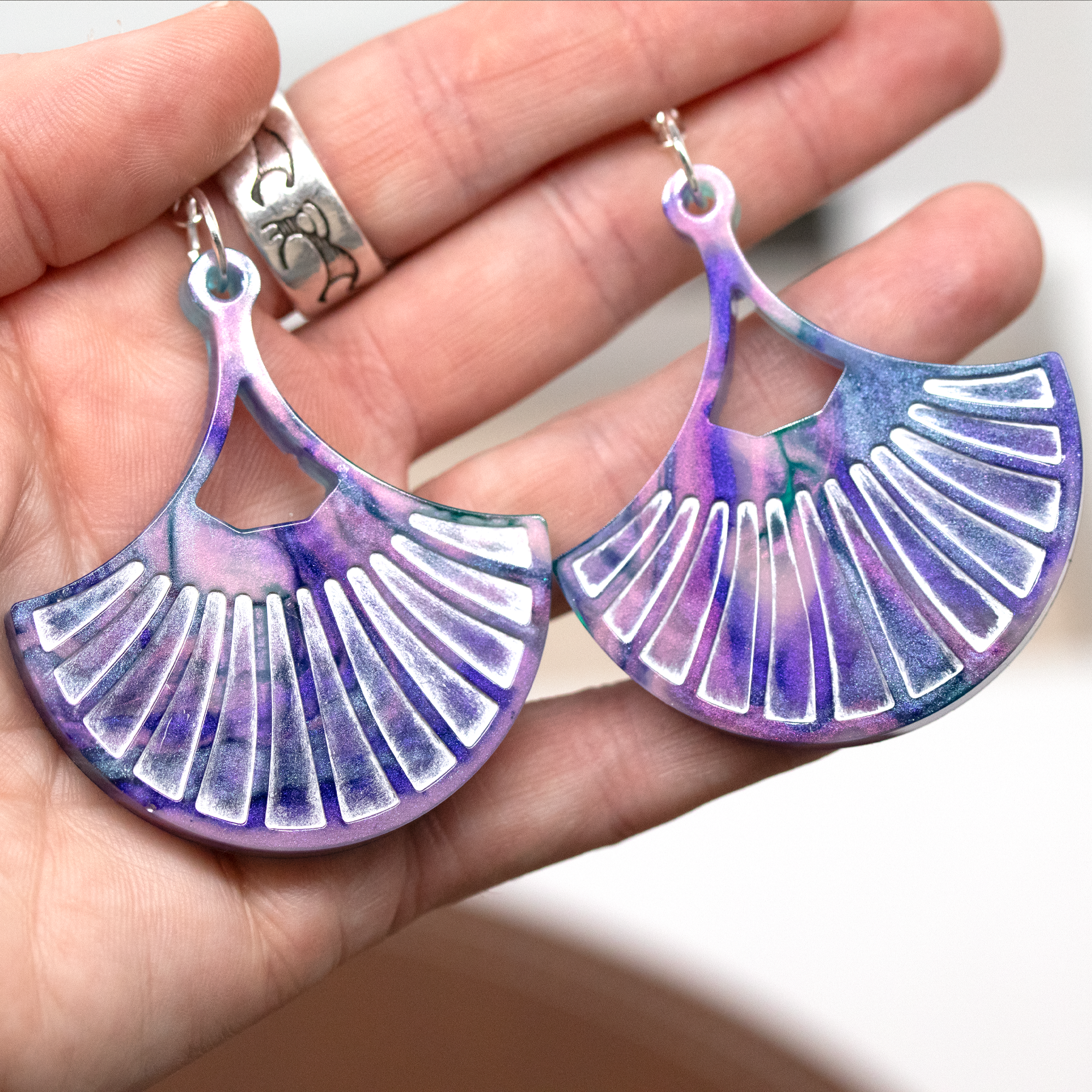 Fan-Shaped Purple Marble Boho Earrings - Calico Unicorn