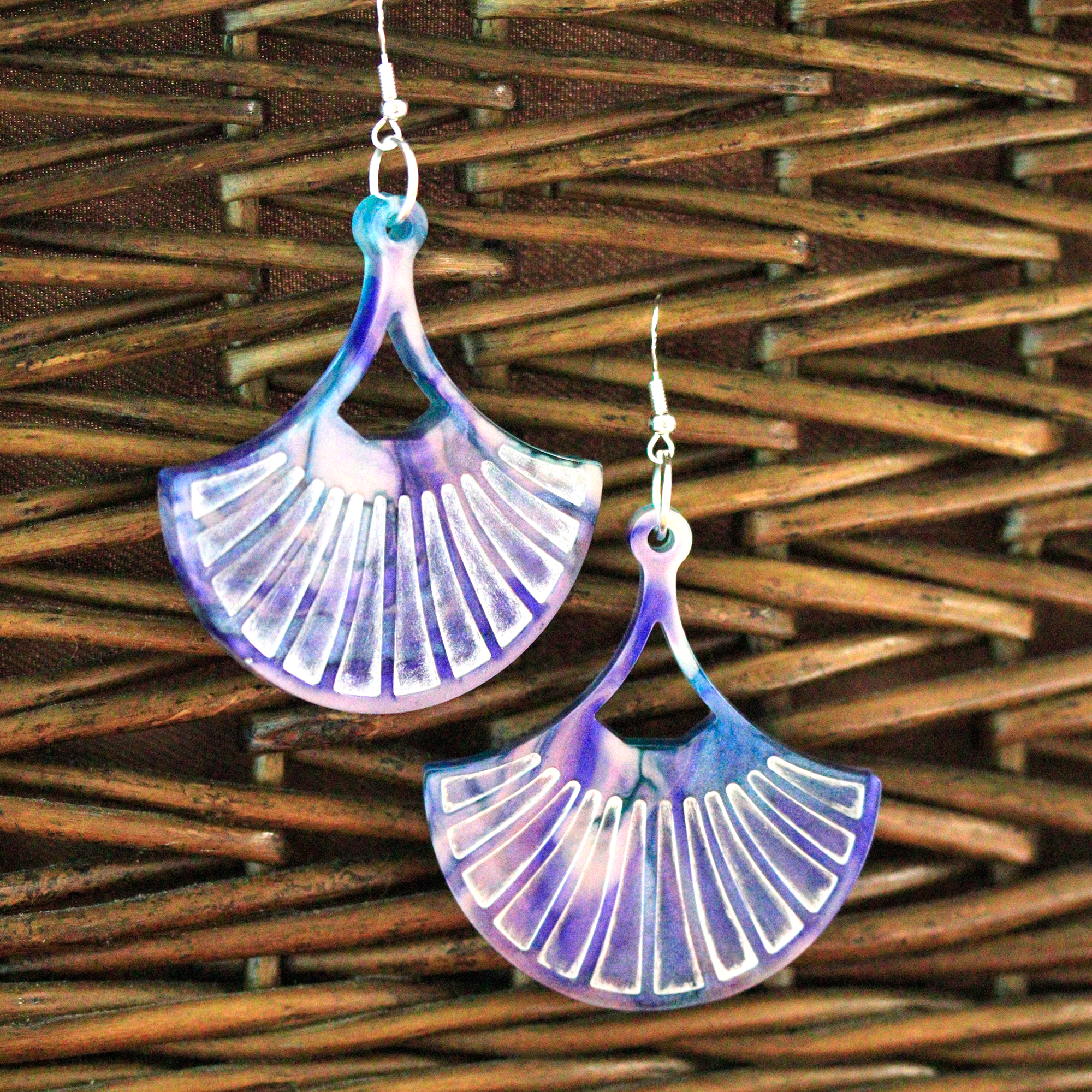 Fan-Shaped Purple Marble Boho Earrings - Calico Unicorn