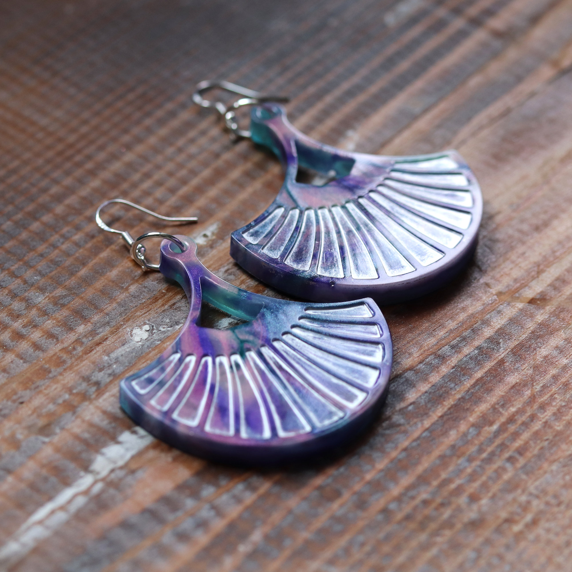 Fan-Shaped Purple Marble Boho Earrings - Calico Unicorn