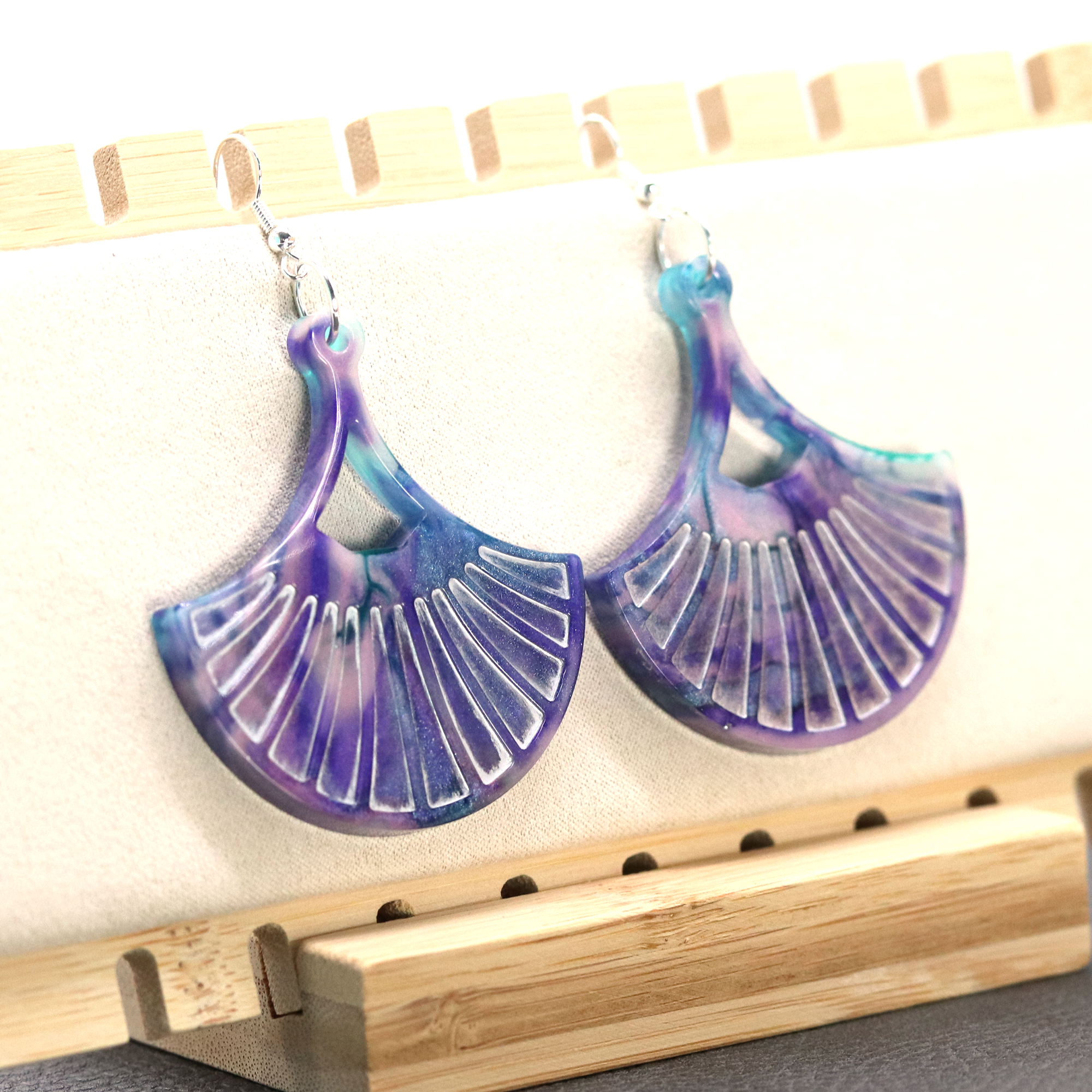 Fan-Shaped Purple Marble Boho Earrings - Calico Unicorn
