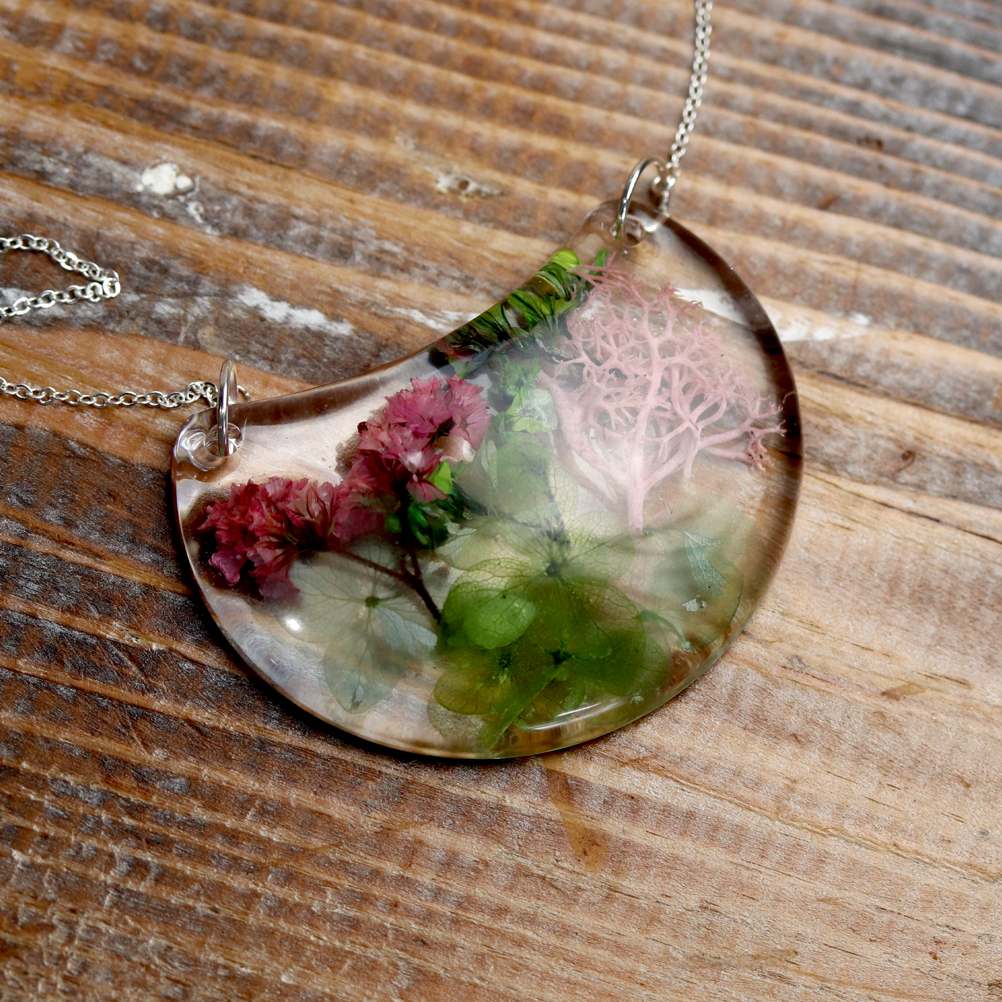 Botanical Flower Crescent Moon Bib Pendant - Calico Unicorn
