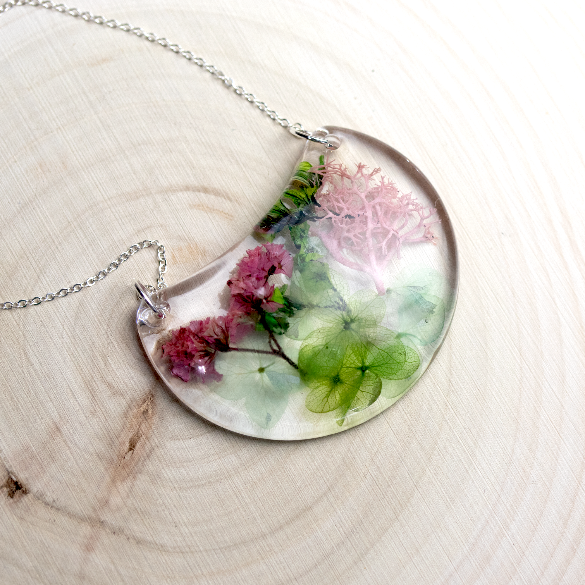 Botanical Flower Crescent Moon Bib Pendant - Calico Unicorn