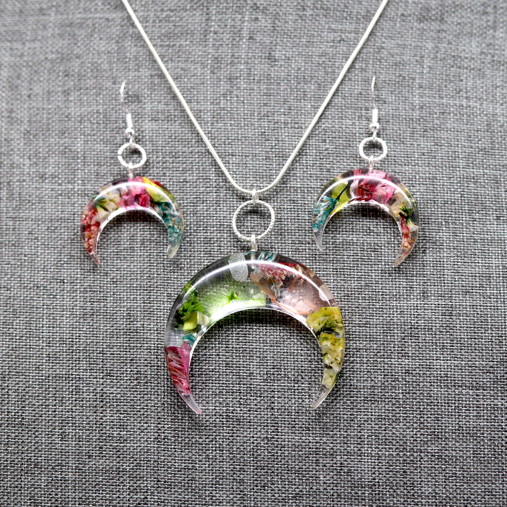 Botanical Flower Bull Horn/Horizontal Moon Pendant - Calico Unicorn