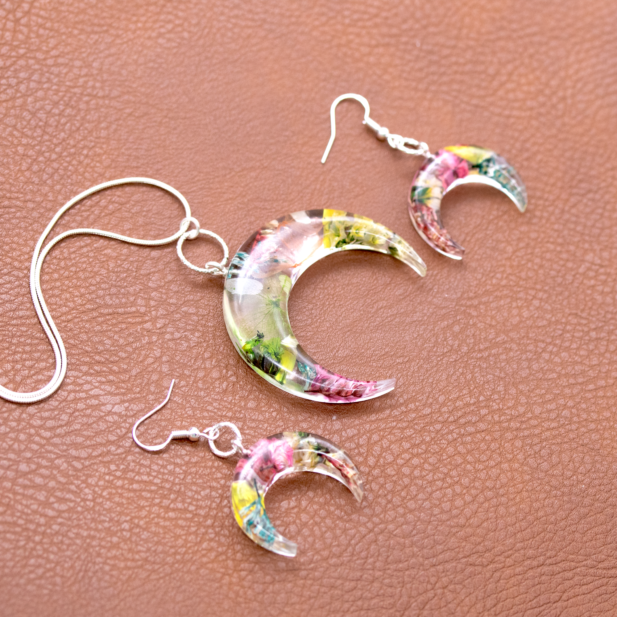 Botanical Flower Bull Horn/Horizontal Moon Pendant - Calico Unicorn