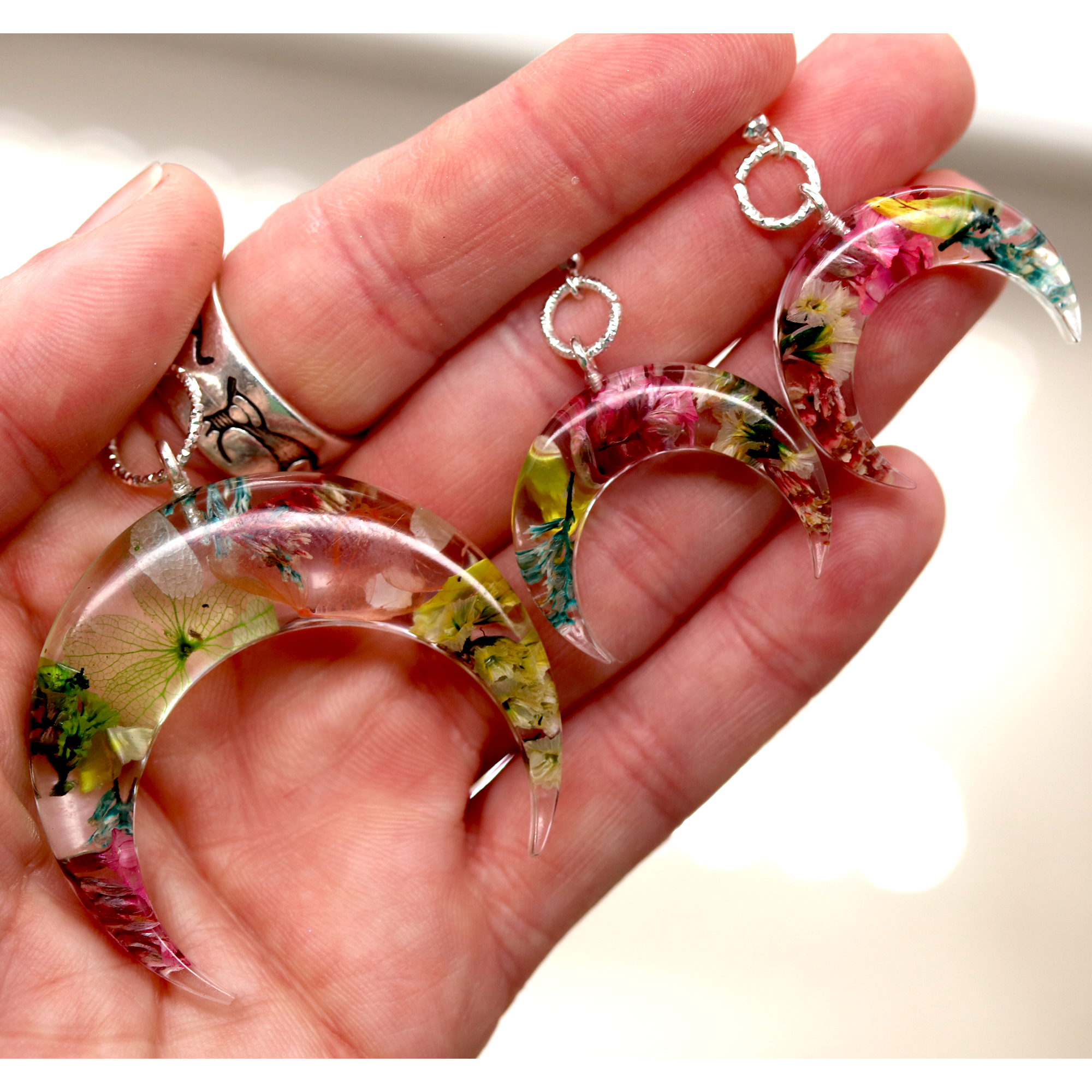 Botanical Flower Bull Horn/Horizontal Moon Pendant - Calico Unicorn