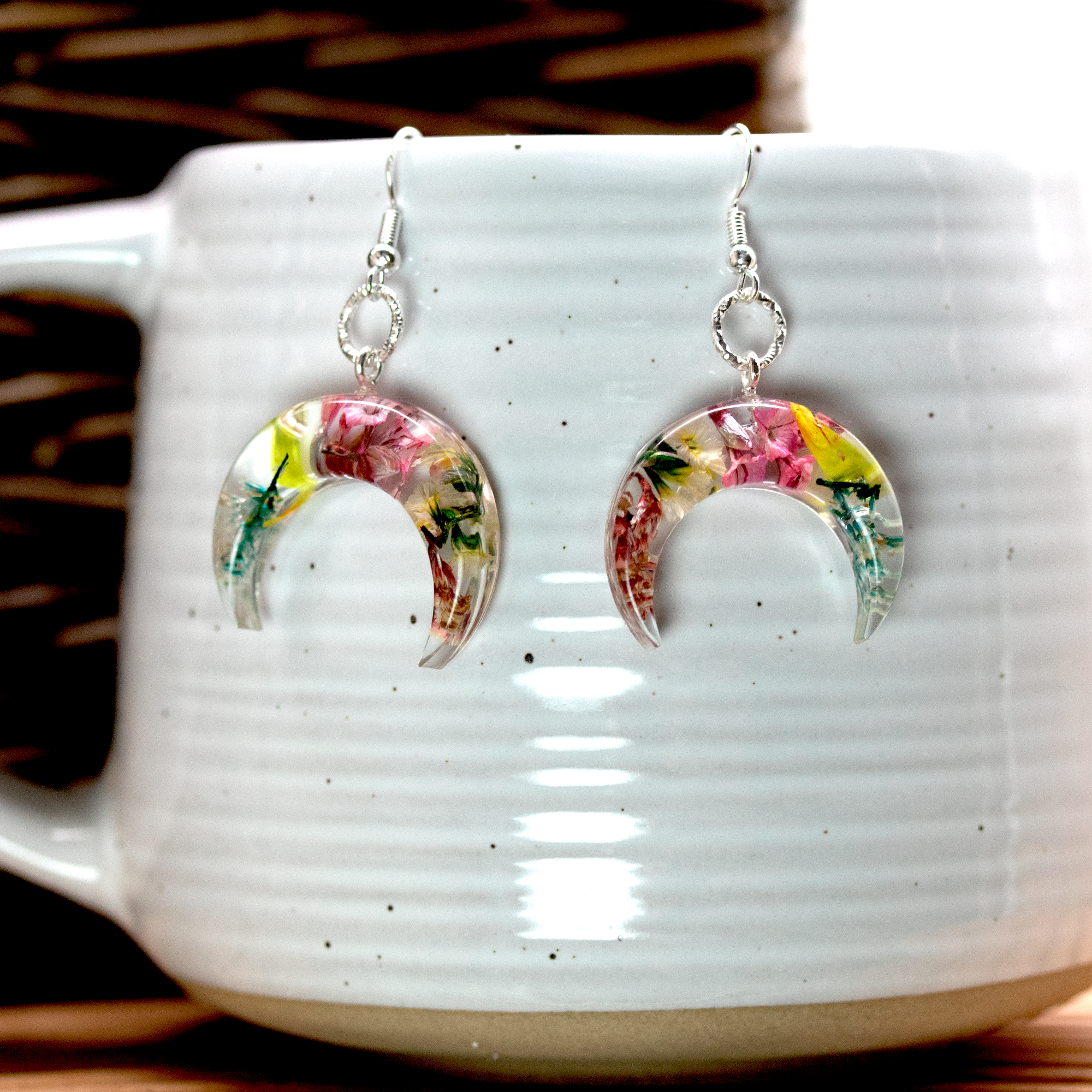 Botanical Flower Bull Horn/Horizontal Moon Earrings and Pendant Set - Calico Unicorn