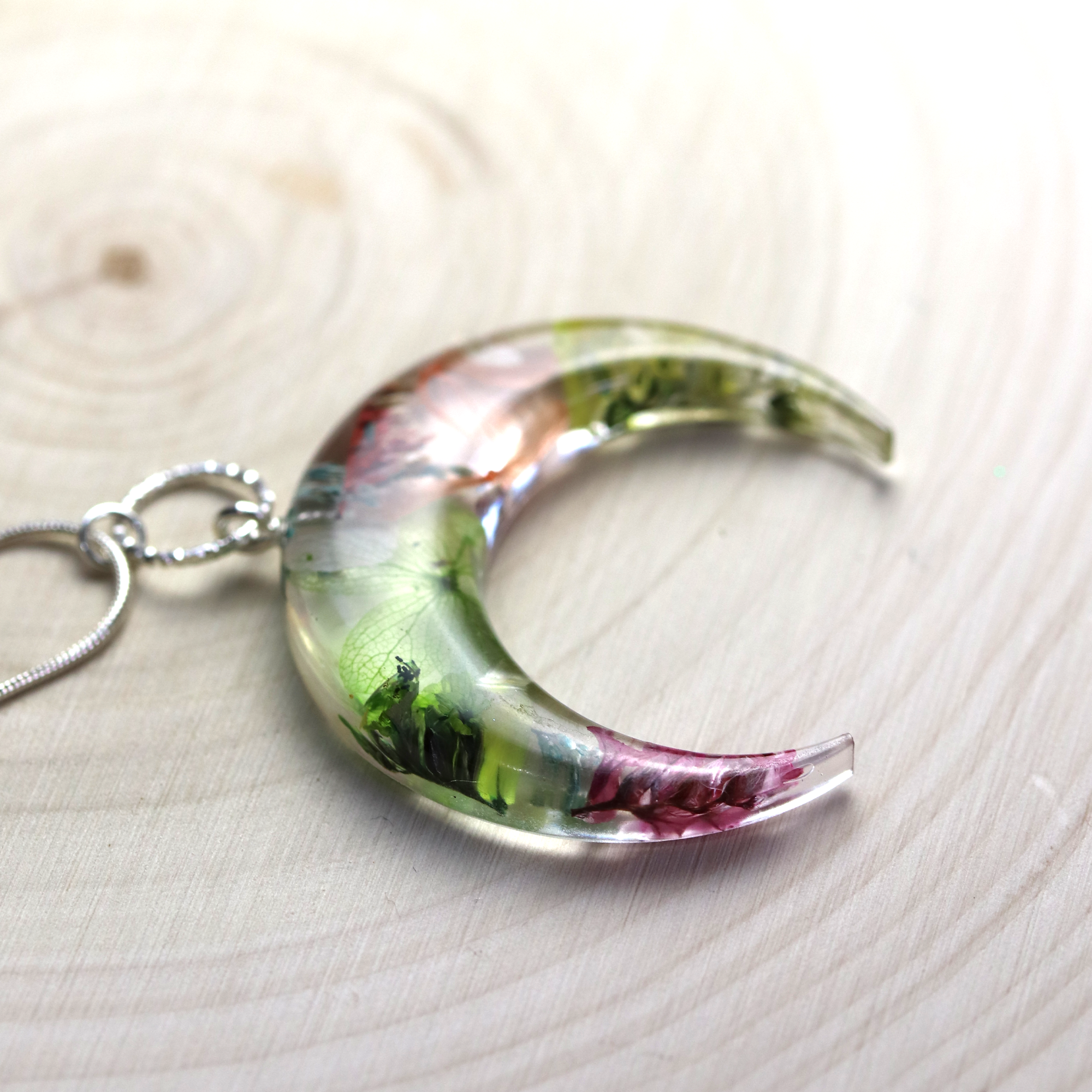 Botanical Flower Bull Horn/Horizontal Moon Pendant - Calico Unicorn