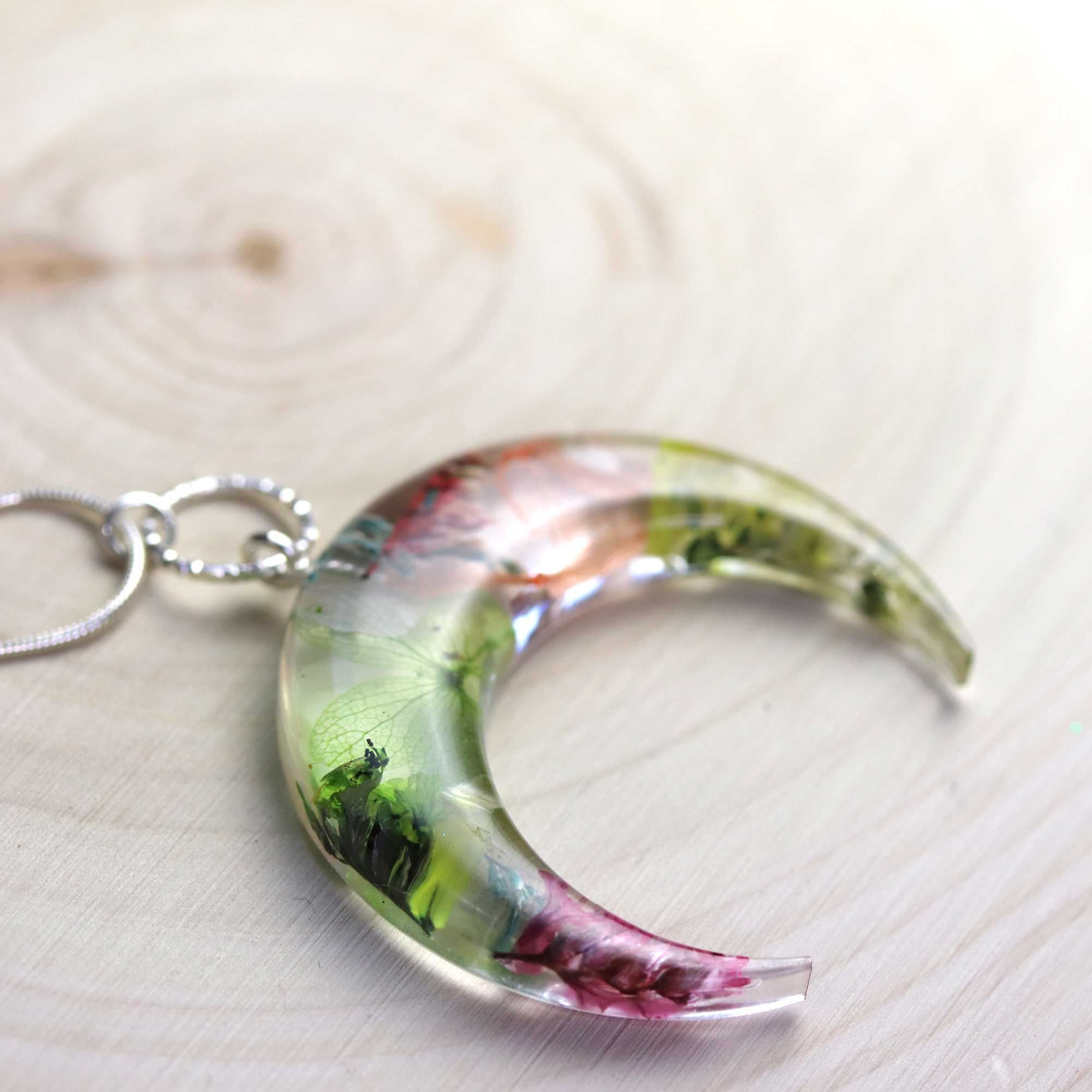 Botanical Flower Bull Horn/Horizontal Moon Pendant - Calico Unicorn