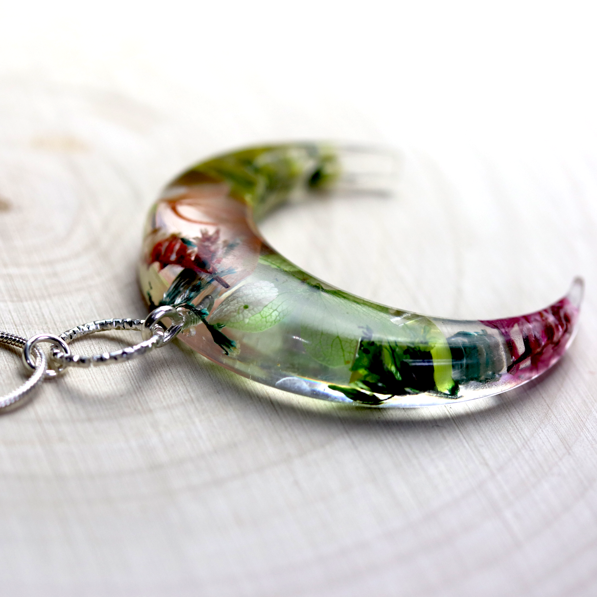 Botanical Flower Bull Horn/Horizontal Moon Pendant - Calico Unicorn