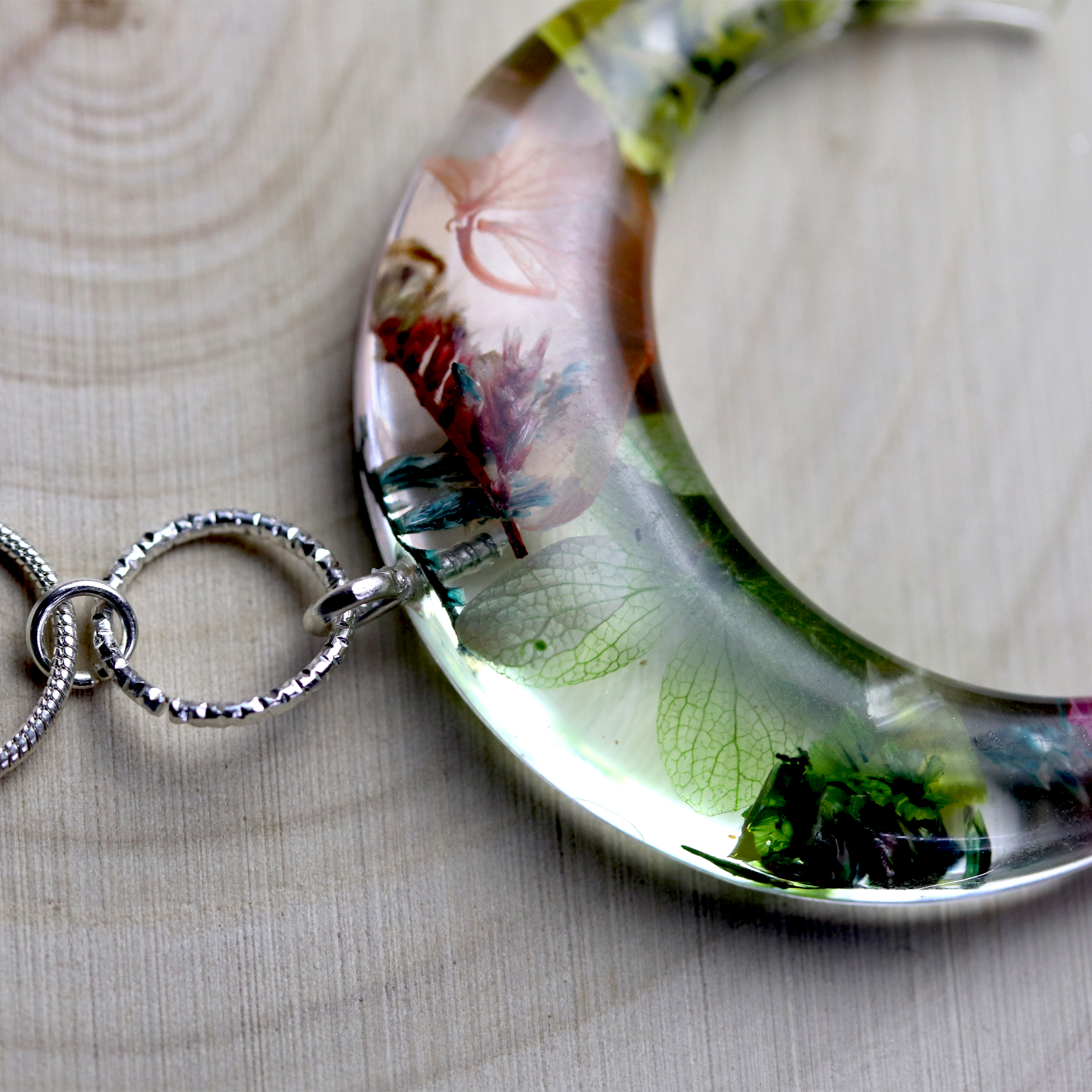 Botanical Flower Bull Horn/Horizontal Moon Pendant - Calico Unicorn