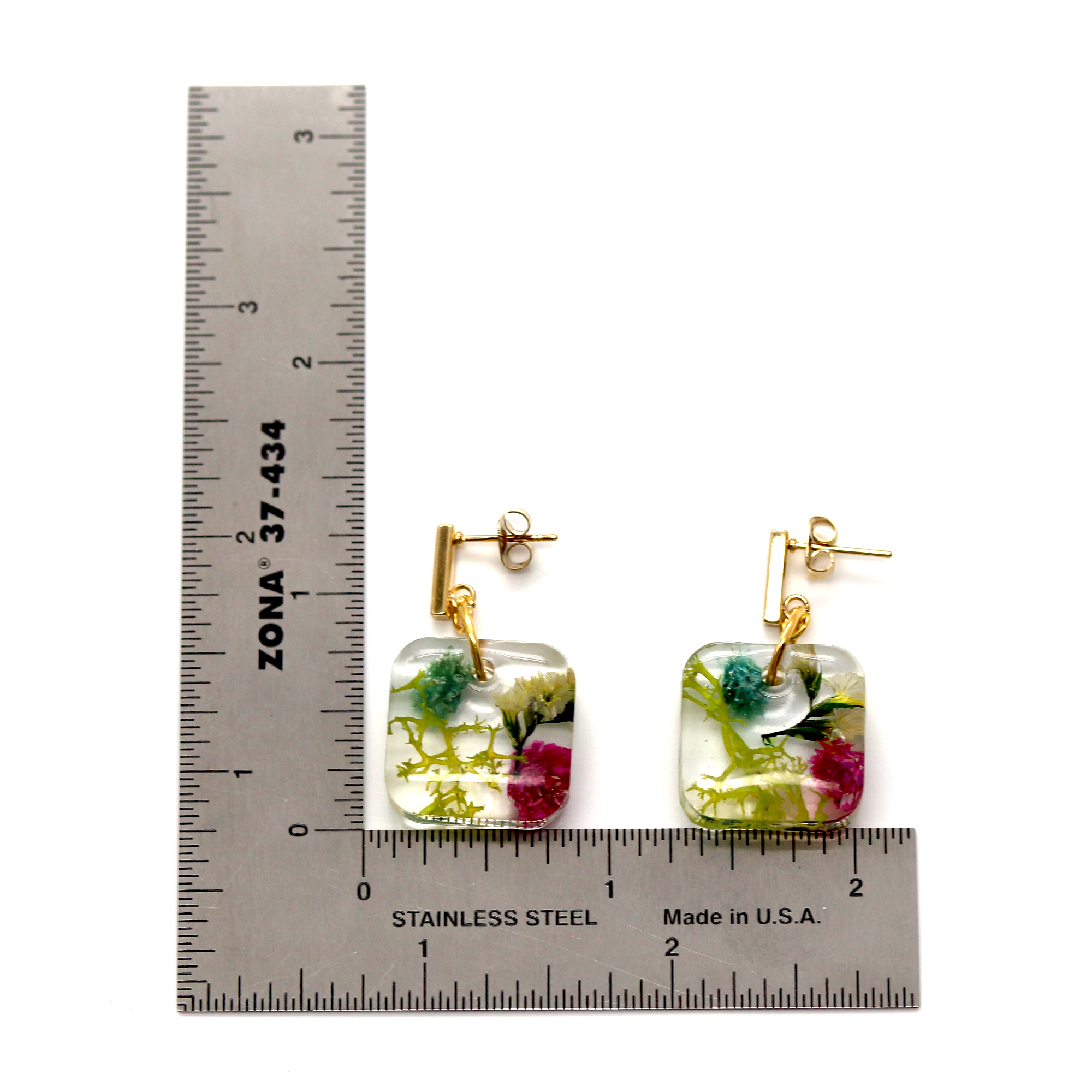 Gold Post Hanging Botanical Flower Square Earrings - Calico Unicorn