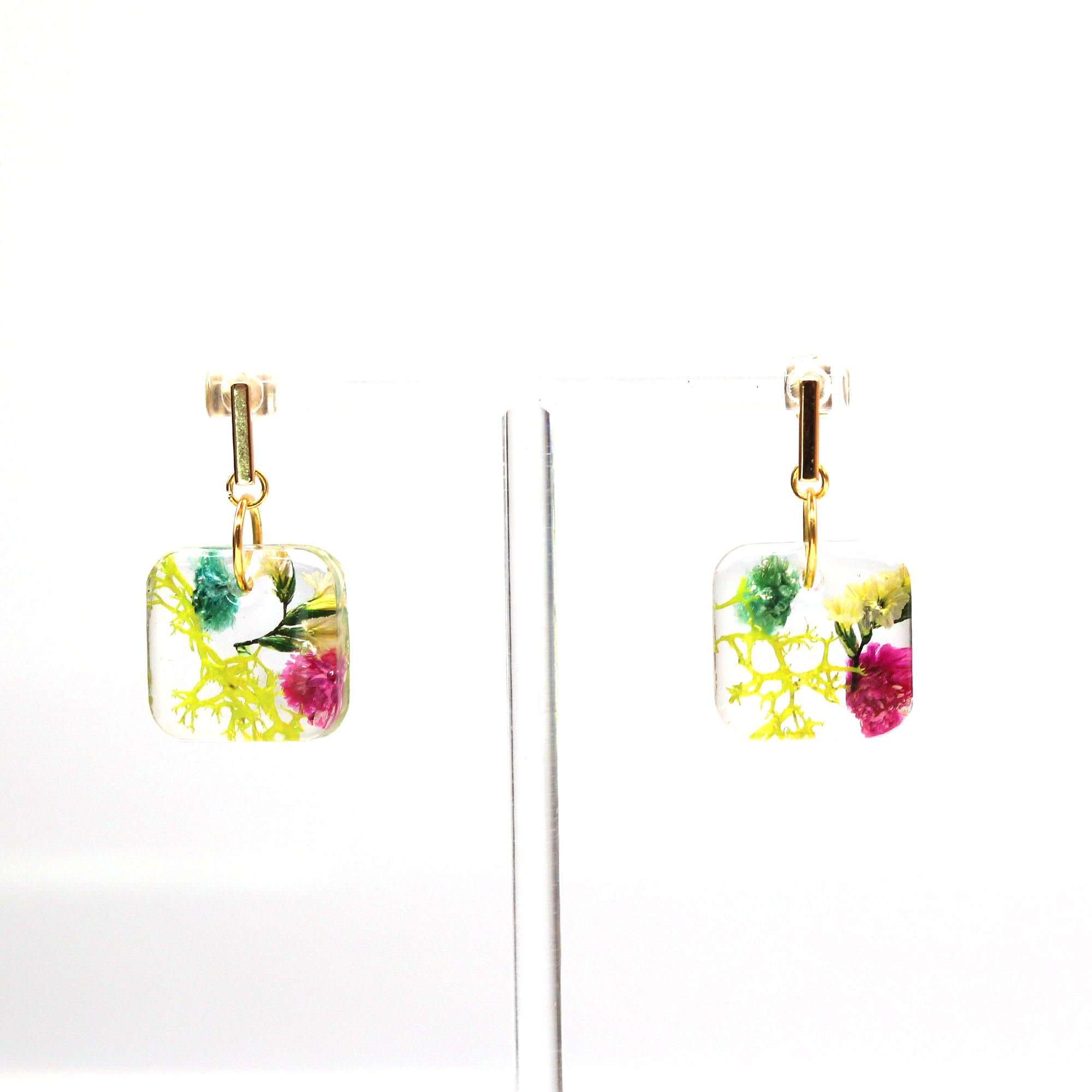 Gold Post Hanging Botanical Flower Square Earrings - Calico Unicorn