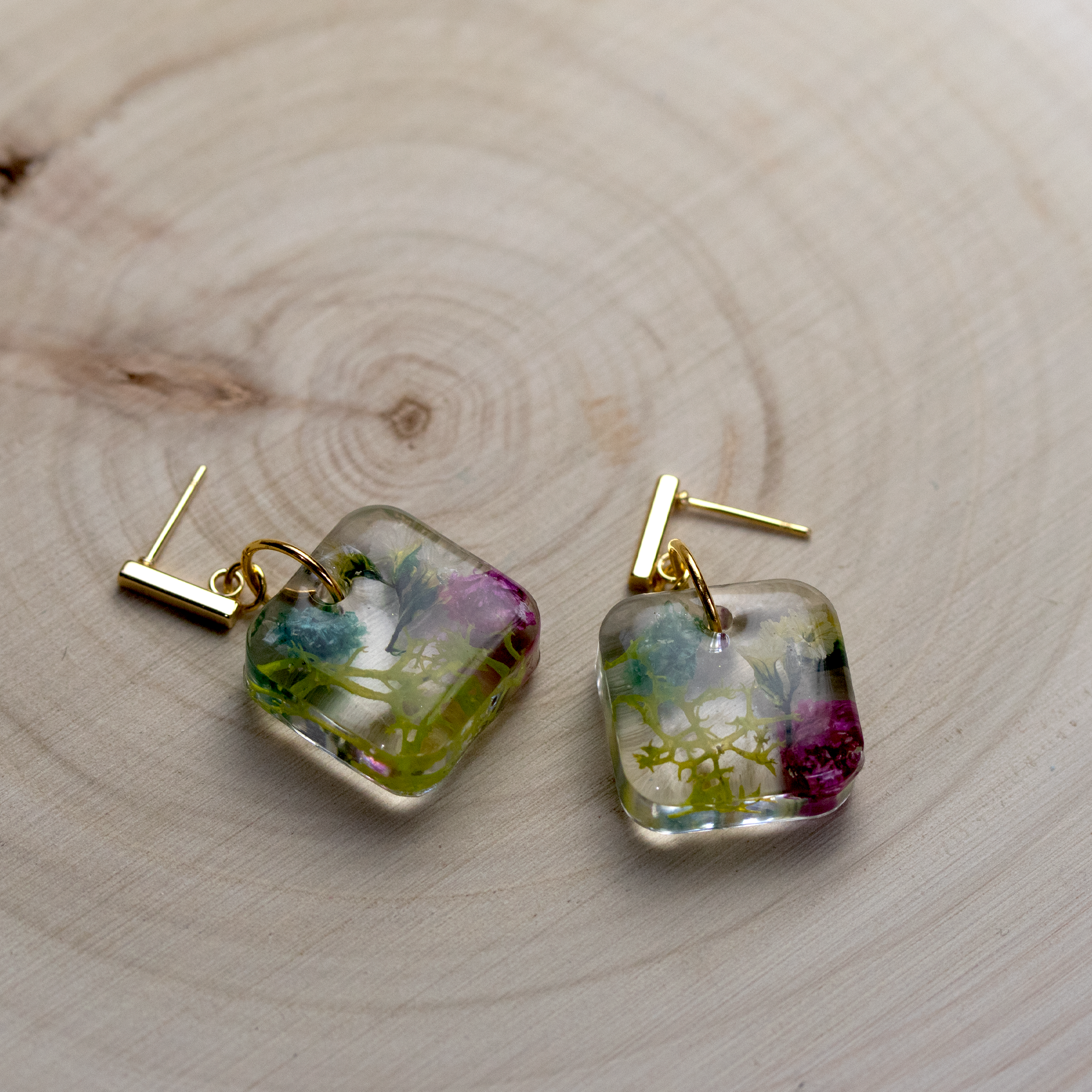 Gold Post Hanging Botanical Flower Square Earrings - Calico Unicorn