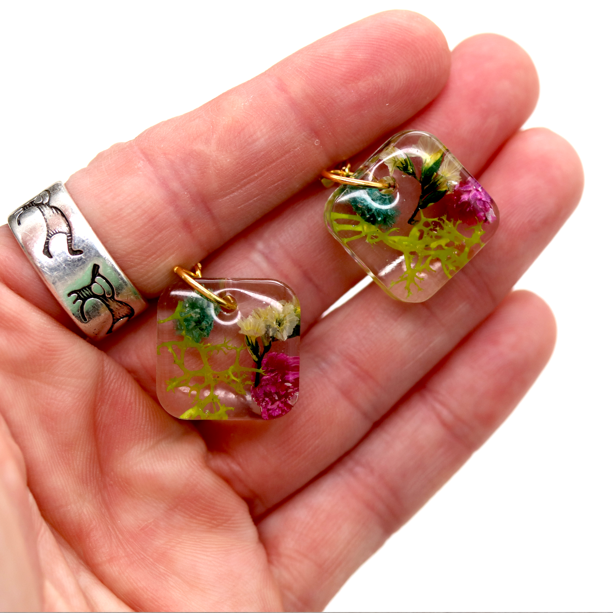 Gold Post Hanging Botanical Flower Square Earrings - Calico Unicorn