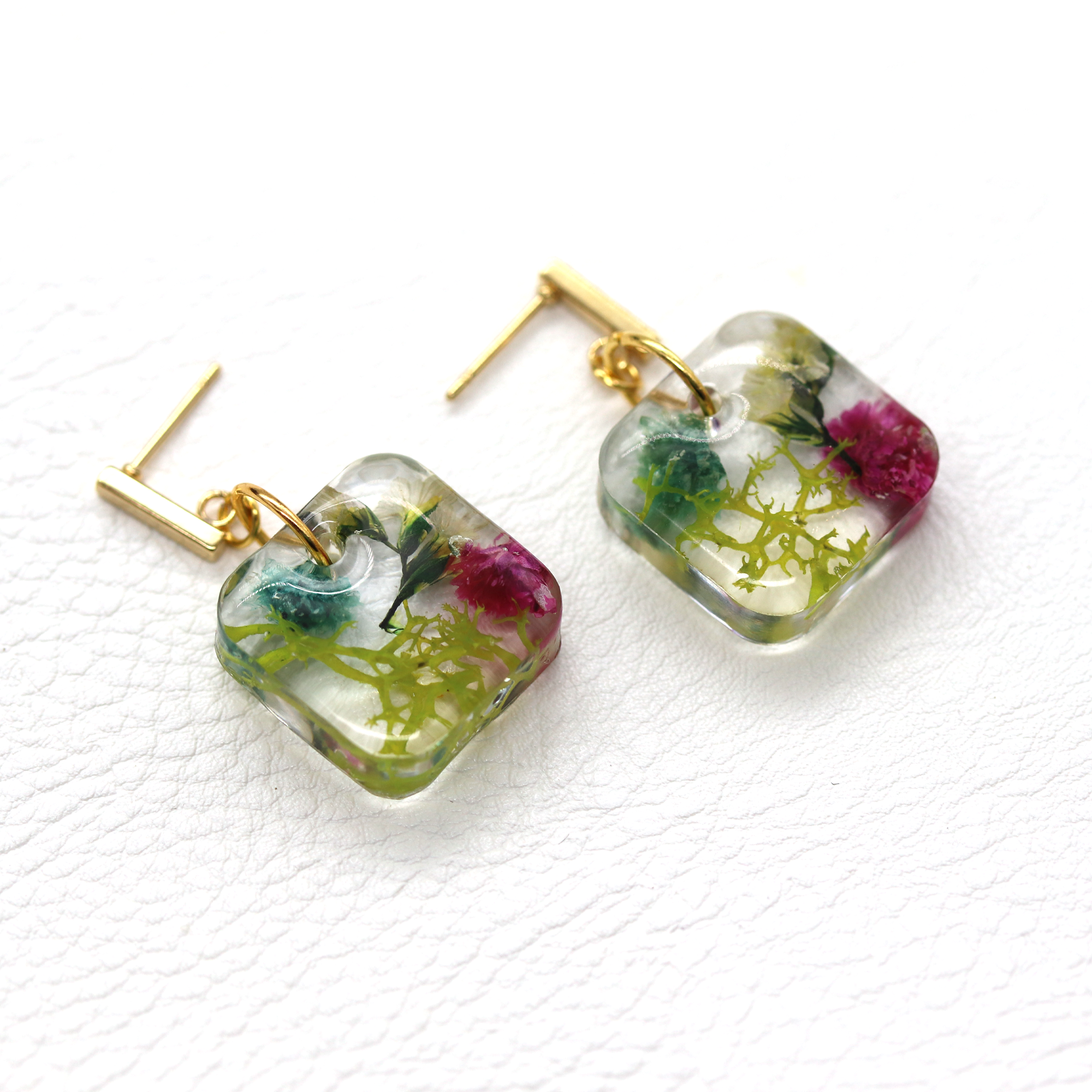 Gold Post Hanging Botanical Flower Square Earrings - Calico Unicorn