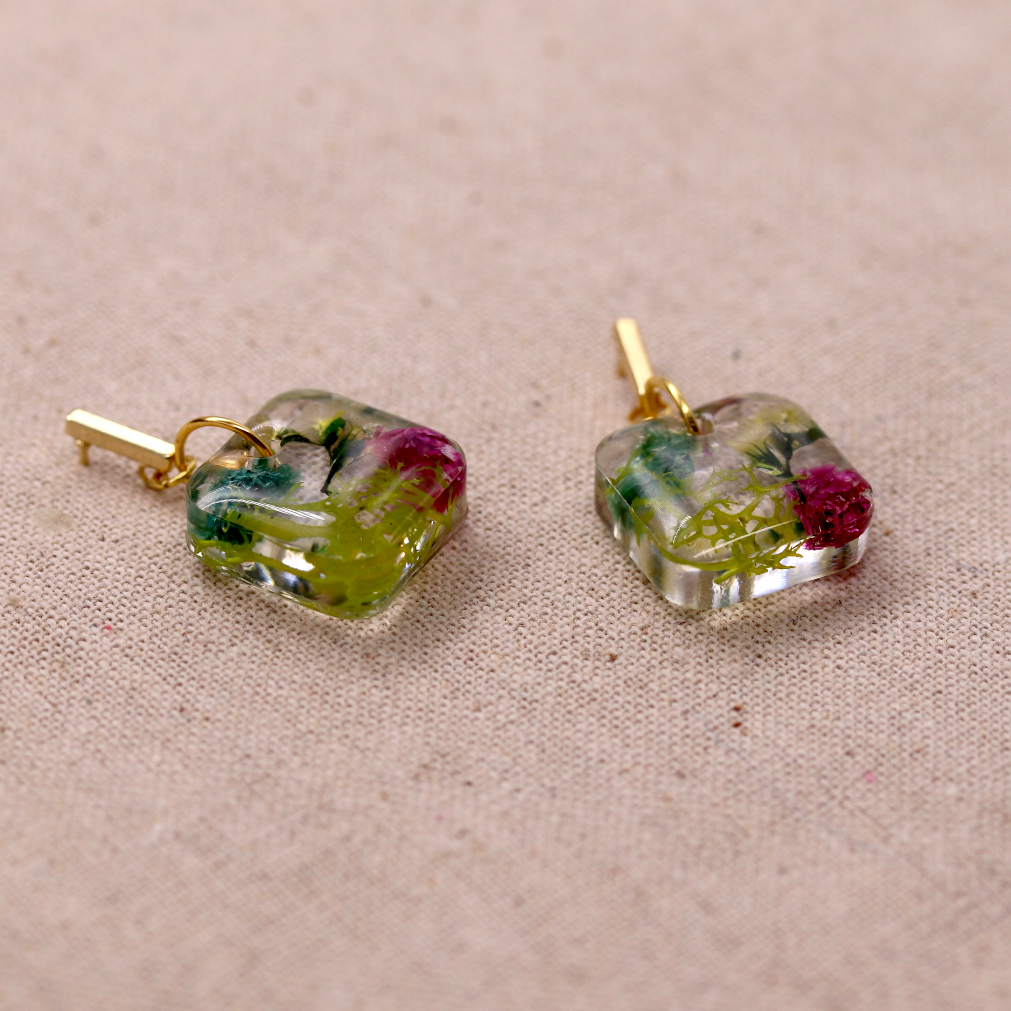 Gold Post Hanging Botanical Flower Square Earrings - Calico Unicorn