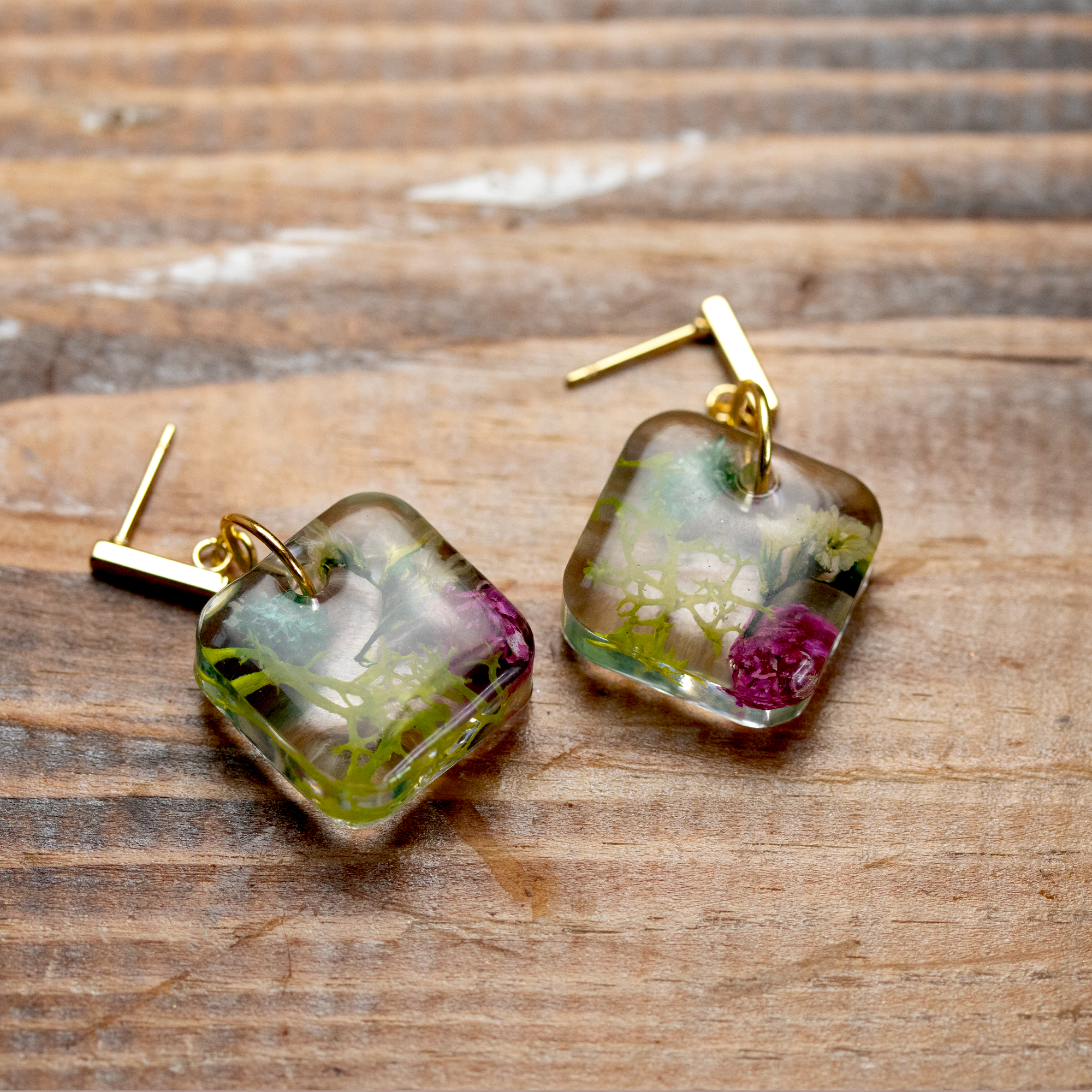 Gold Post Hanging Botanical Flower Square Earrings - Calico Unicorn
