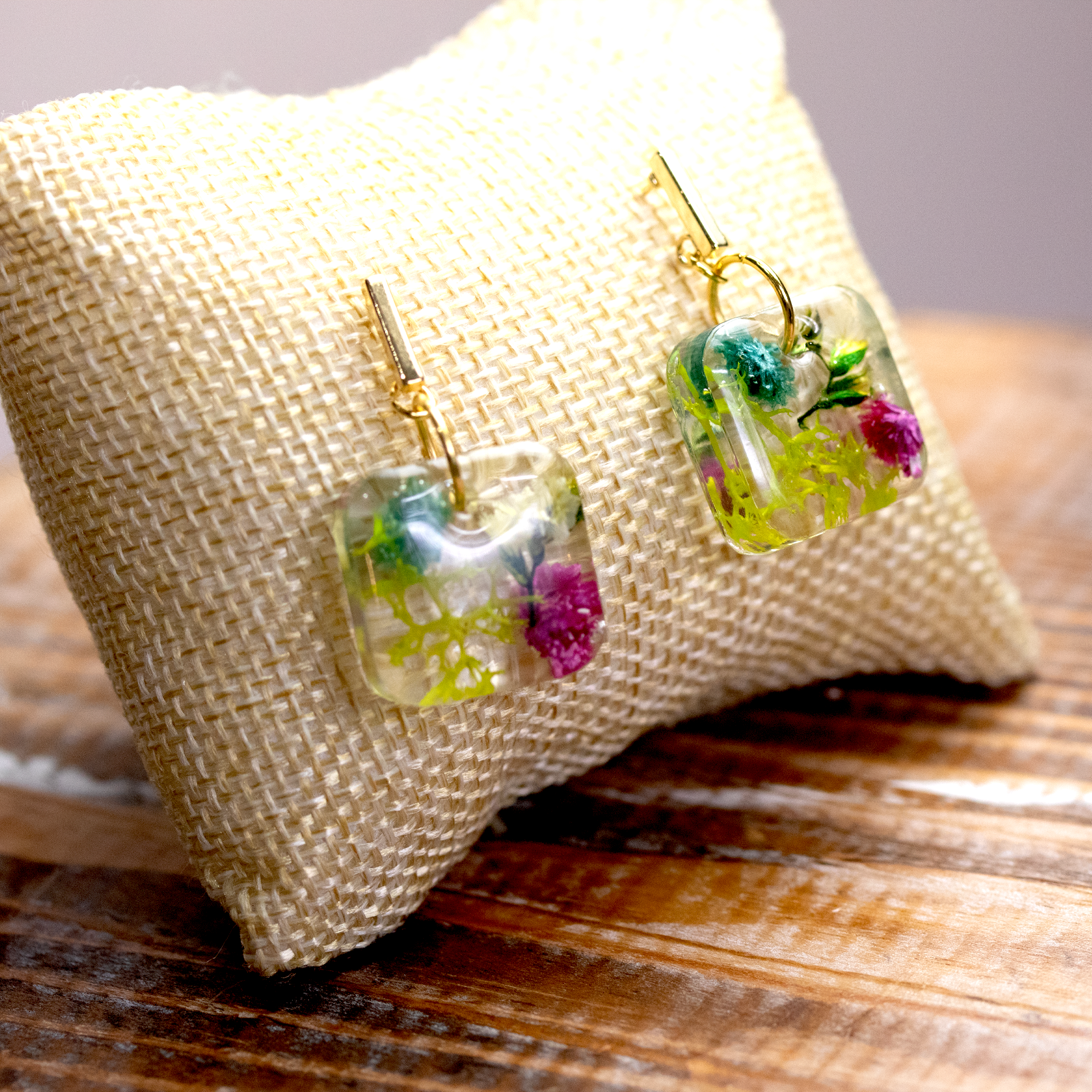 Gold Post Hanging Botanical Flower Square Earrings - Calico Unicorn