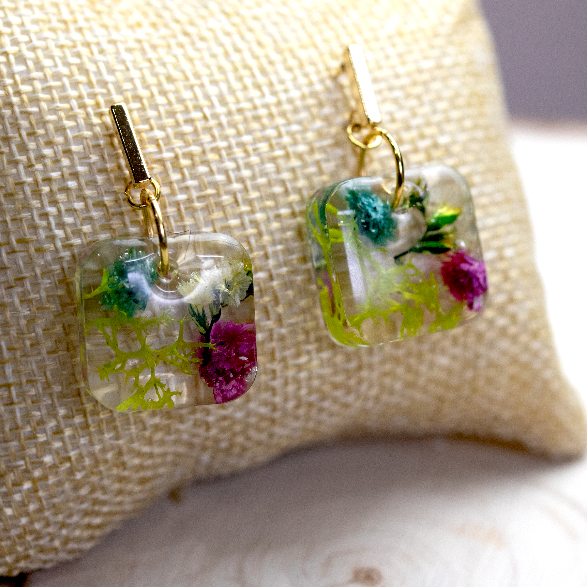 Gold Post Hanging Botanical Flower Square Earrings - Calico Unicorn