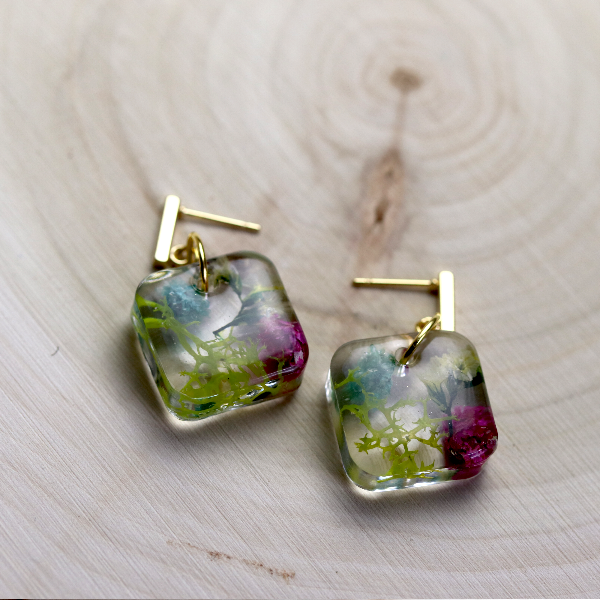 Gold Post Hanging Botanical Flower Square Earrings - Calico Unicorn