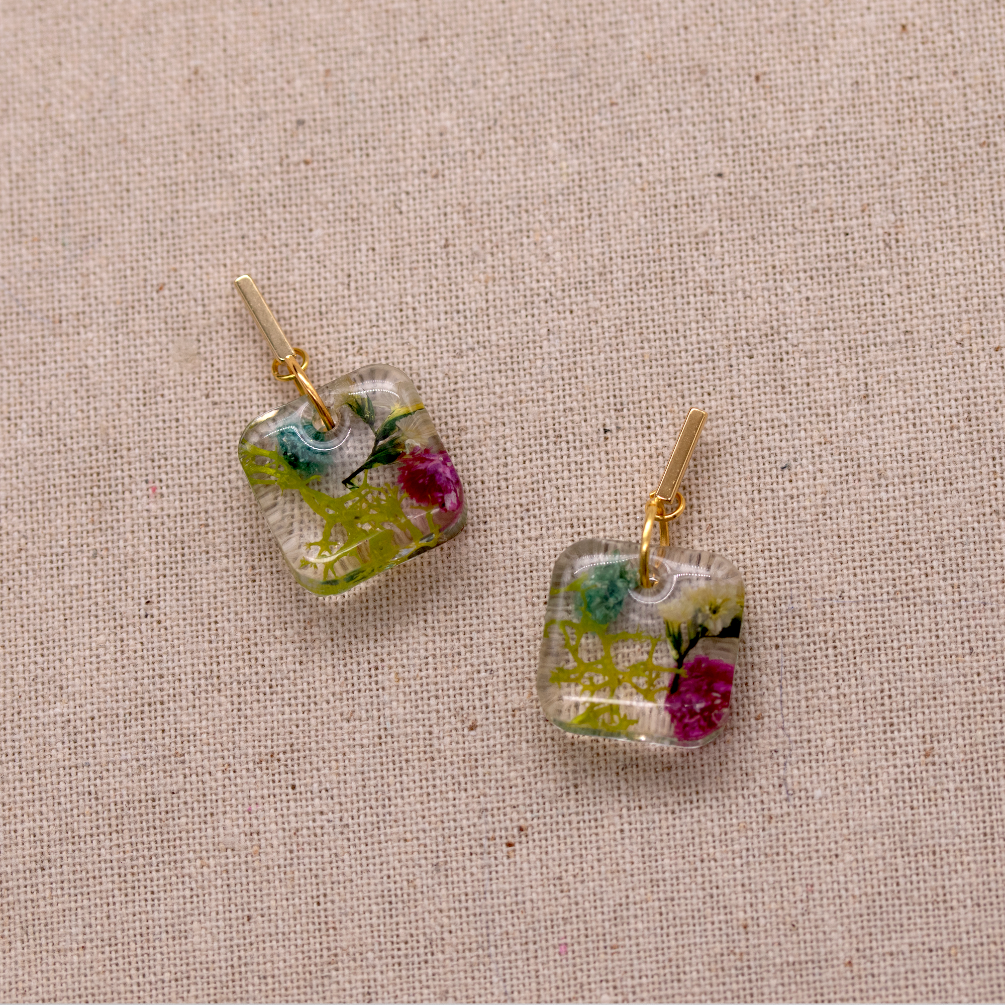 Gold Post Hanging Botanical Flower Square Earrings - Calico Unicorn