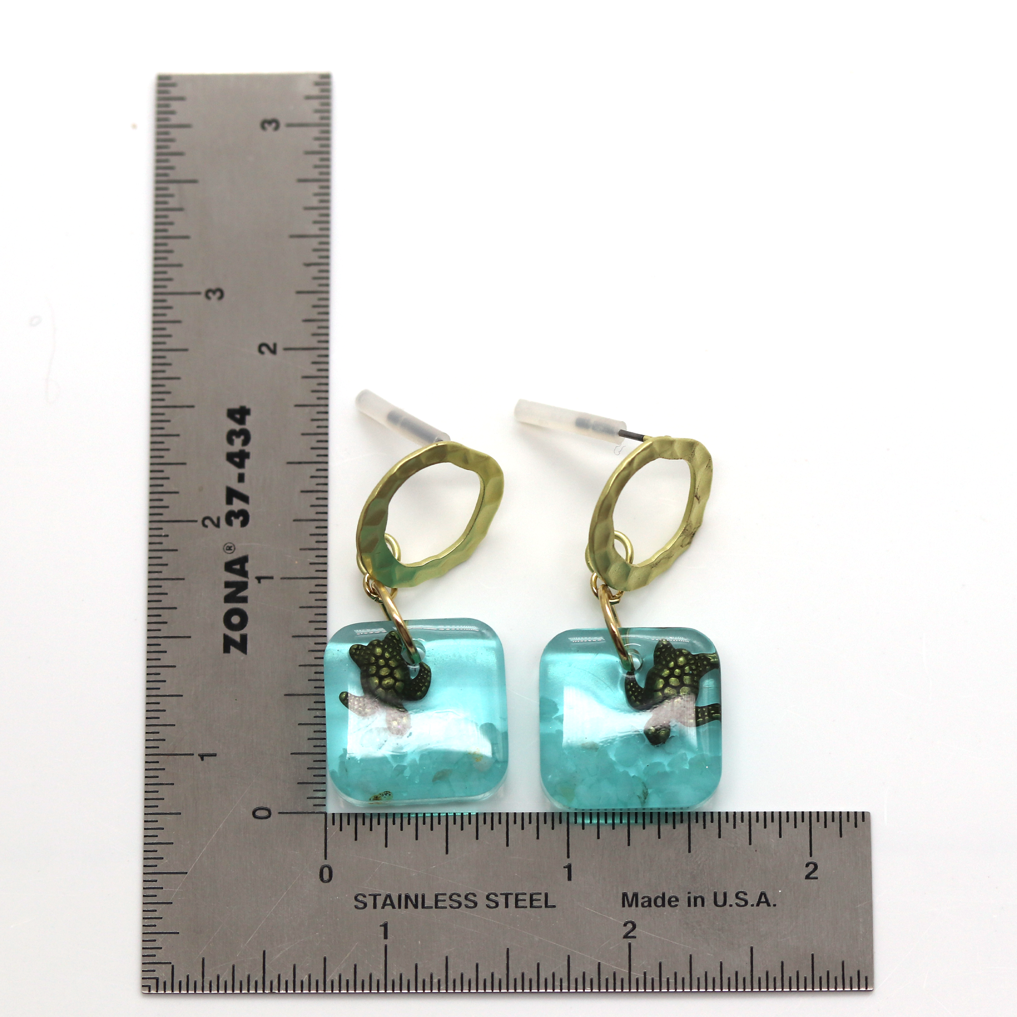 Underwater Seascape Bronze Turtle Square Gold Post Earrings - Calico Unicorn