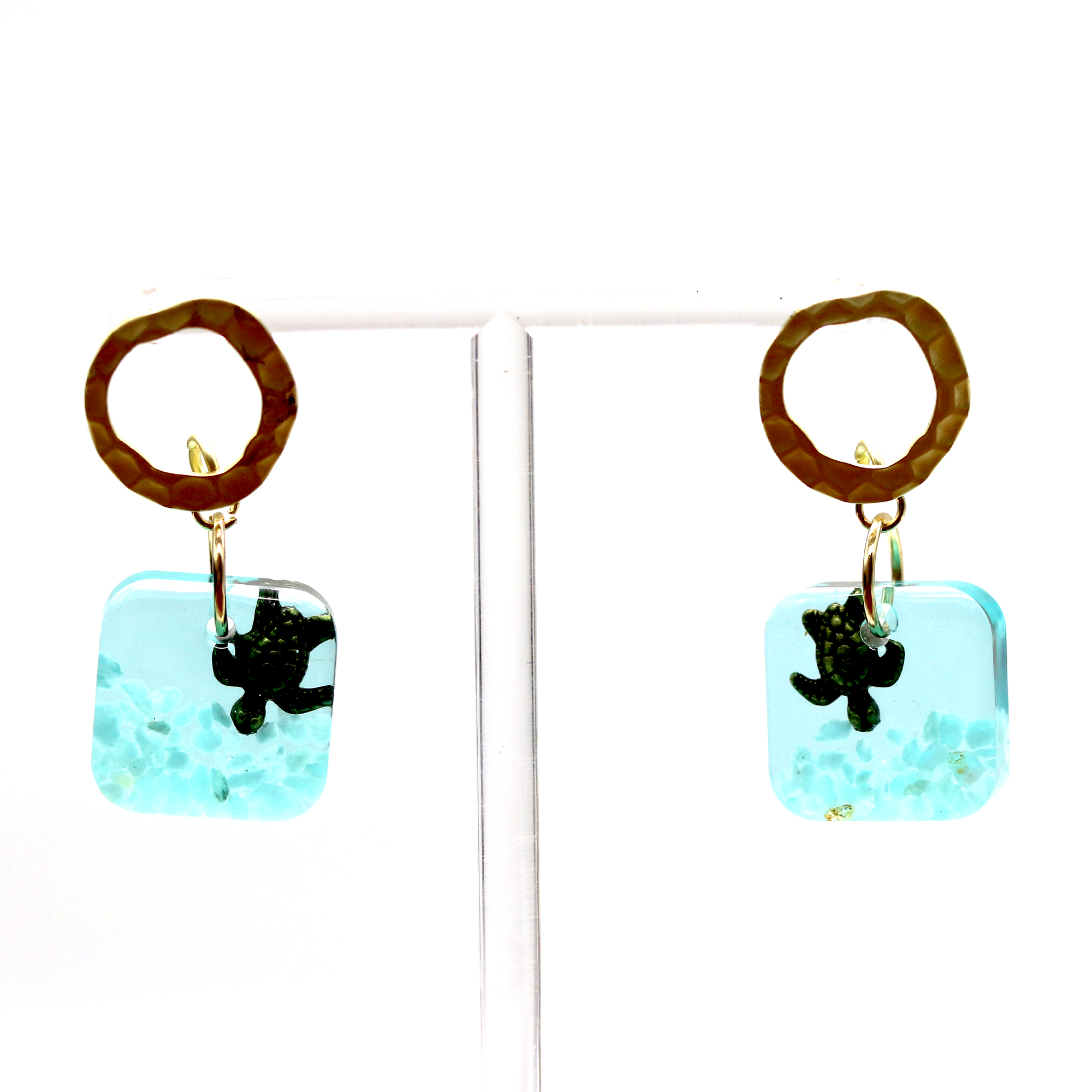 Underwater Seascape Bronze Turtle Square Gold Post Earrings - Calico Unicorn