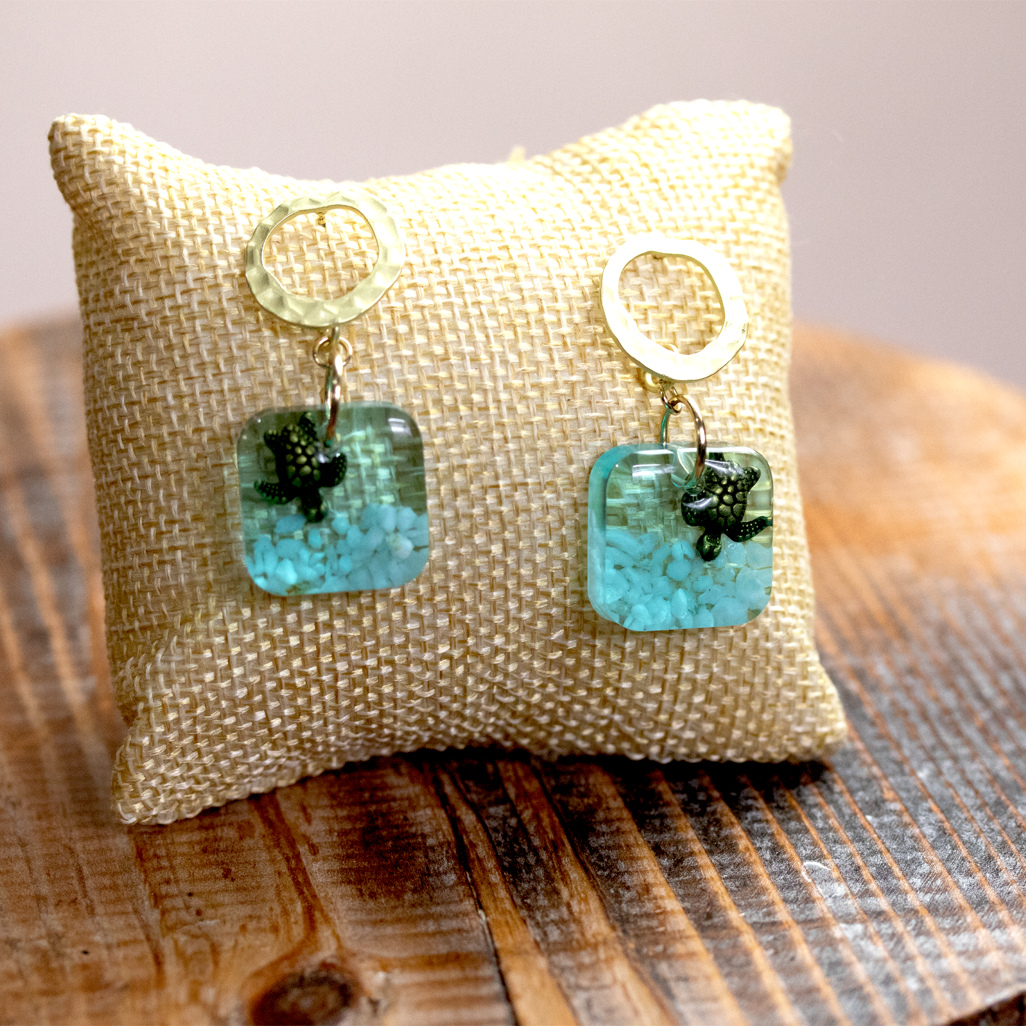 Underwater Seascape Bronze Turtle Square Gold Post Earrings - Calico Unicorn