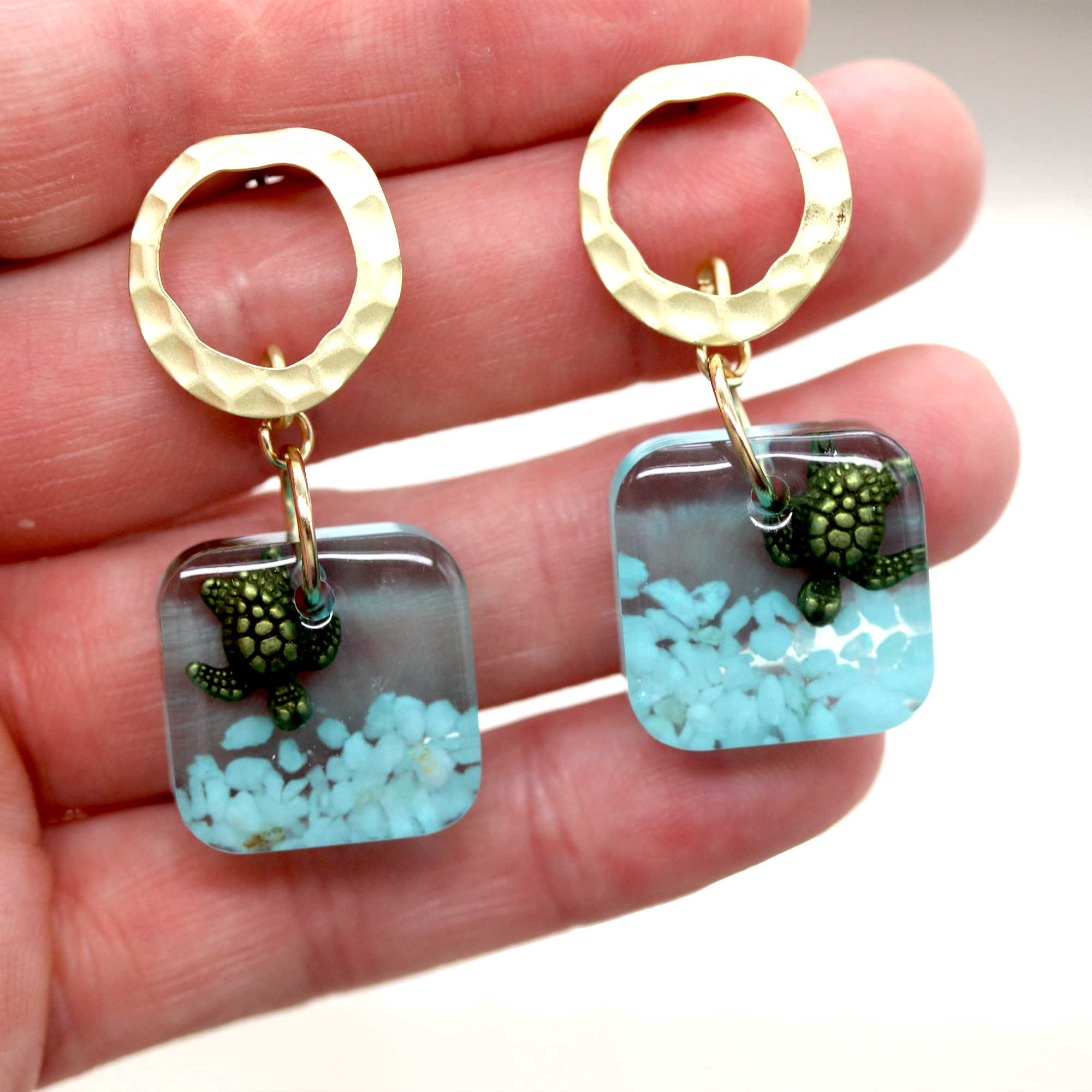 Underwater Seascape Bronze Turtle Square Gold Post Earrings - Calico Unicorn