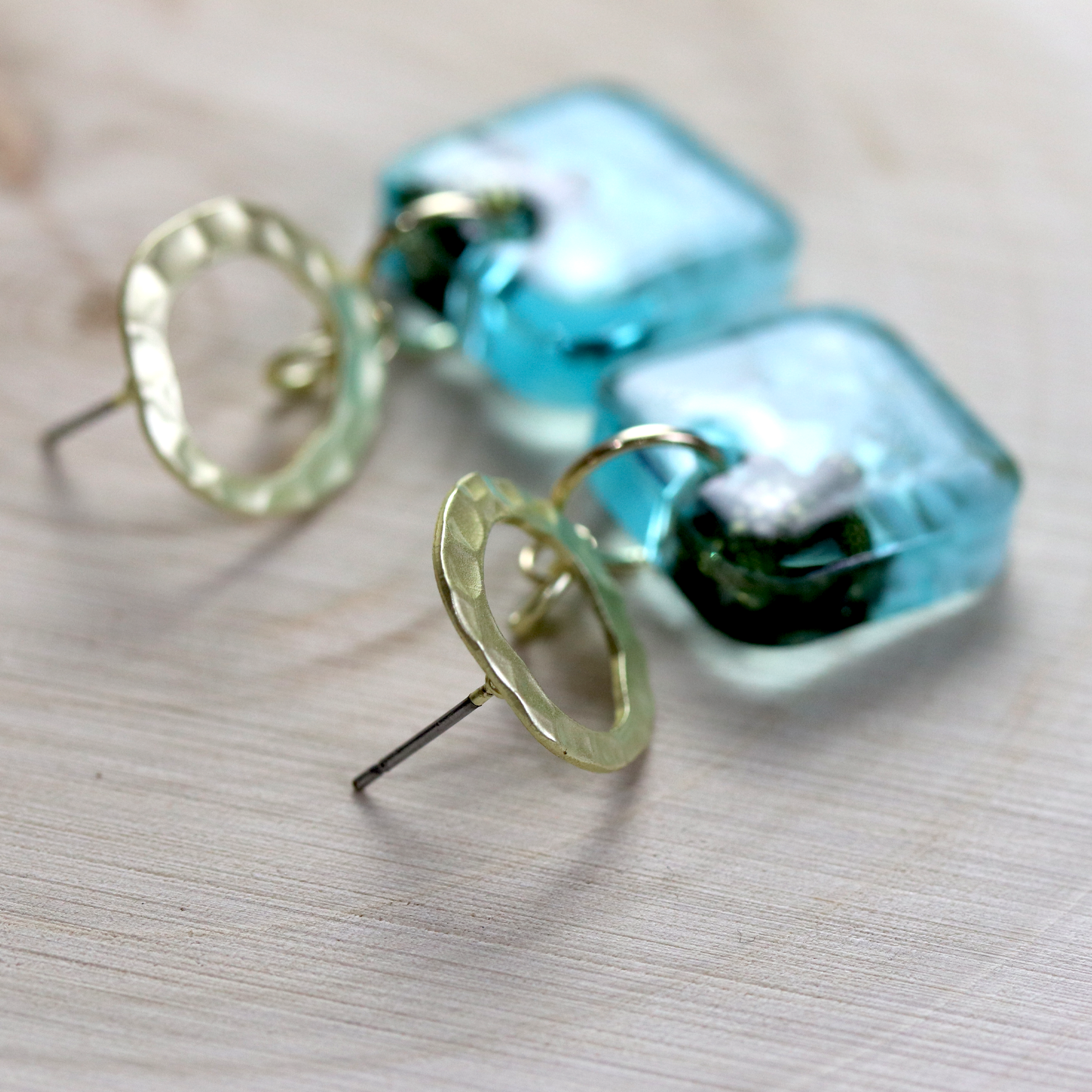 Underwater Seascape Bronze Turtle Square Gold Post Earrings - Calico Unicorn