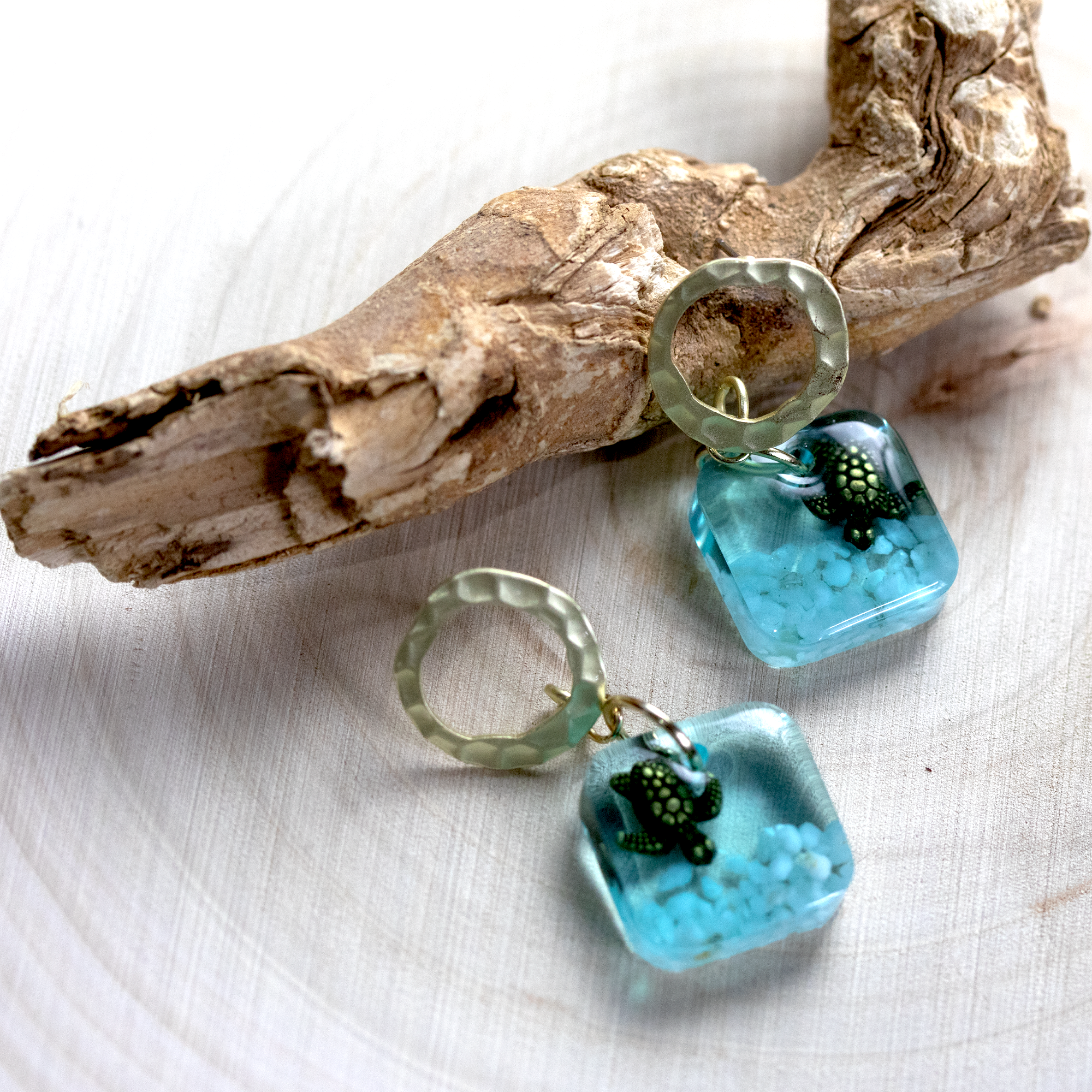Underwater Seascape Bronze Turtle Square Gold Post Earrings - Calico Unicorn
