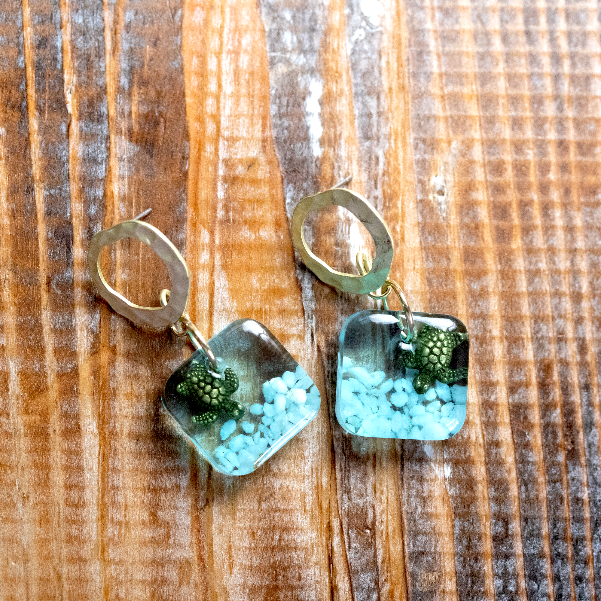 Underwater Seascape Bronze Turtle Square Gold Post Earrings - Calico Unicorn