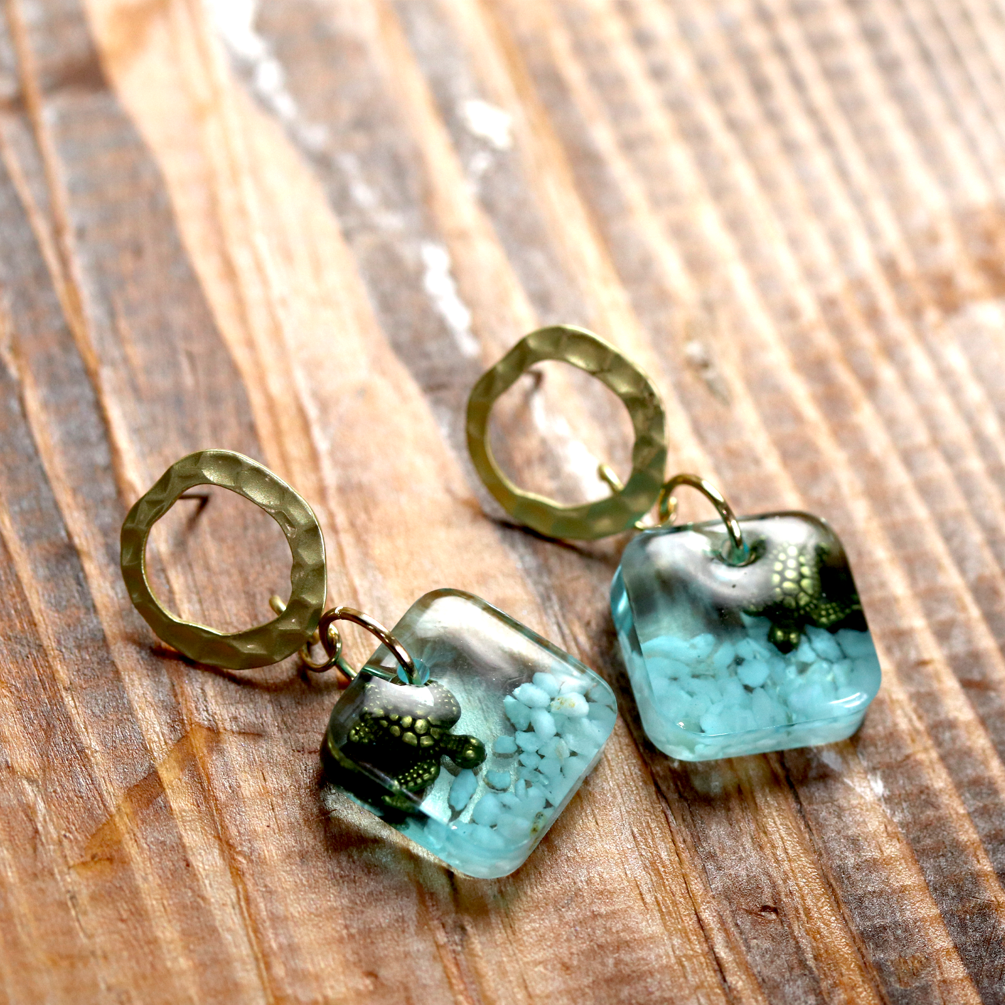 Underwater Seascape Bronze Turtle Square Gold Post Earrings - Calico Unicorn