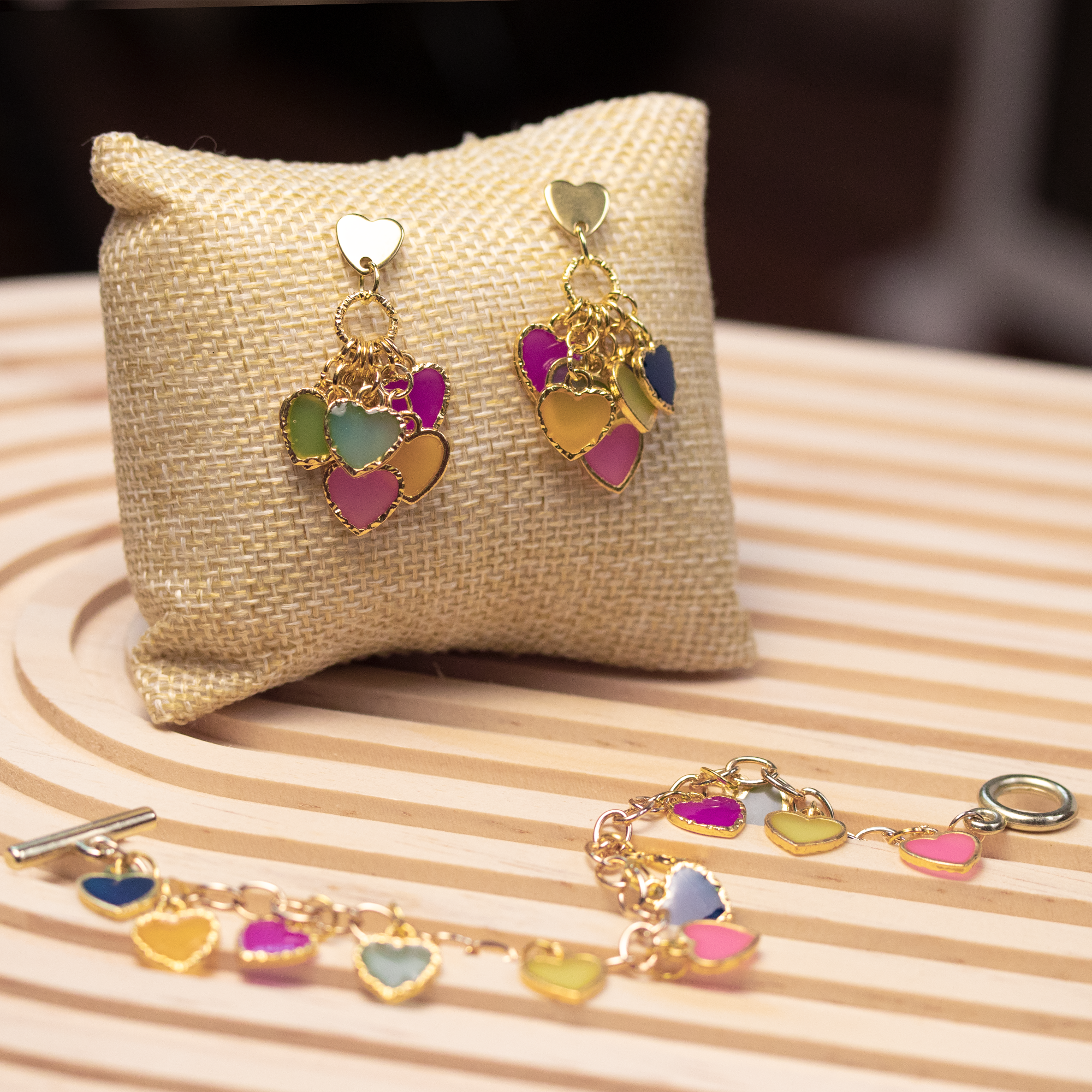 Rainbow Dangling Hearts Bracelet and Earrings Set