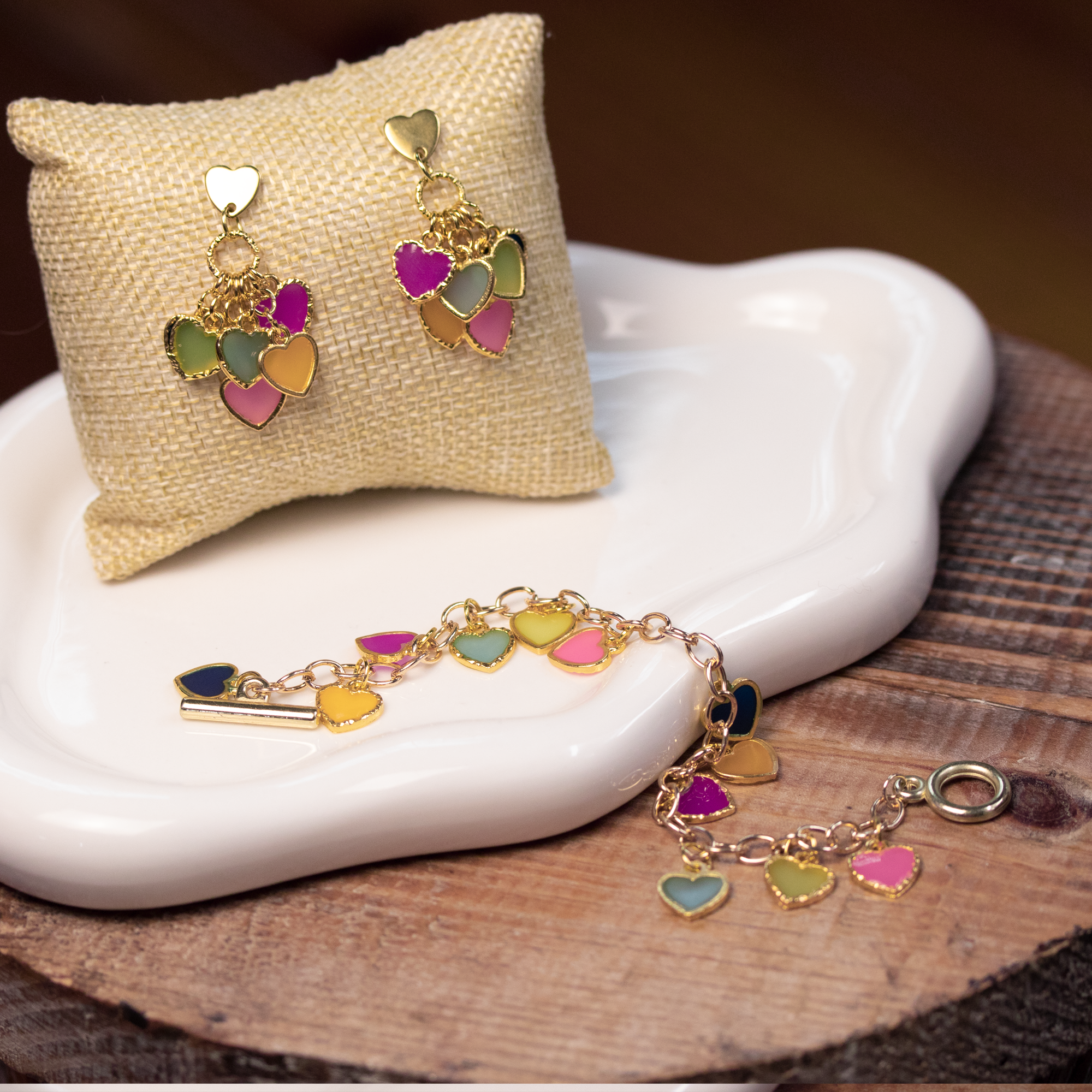 Rainbow Dangling Hearts Bracelet and Earrings Set