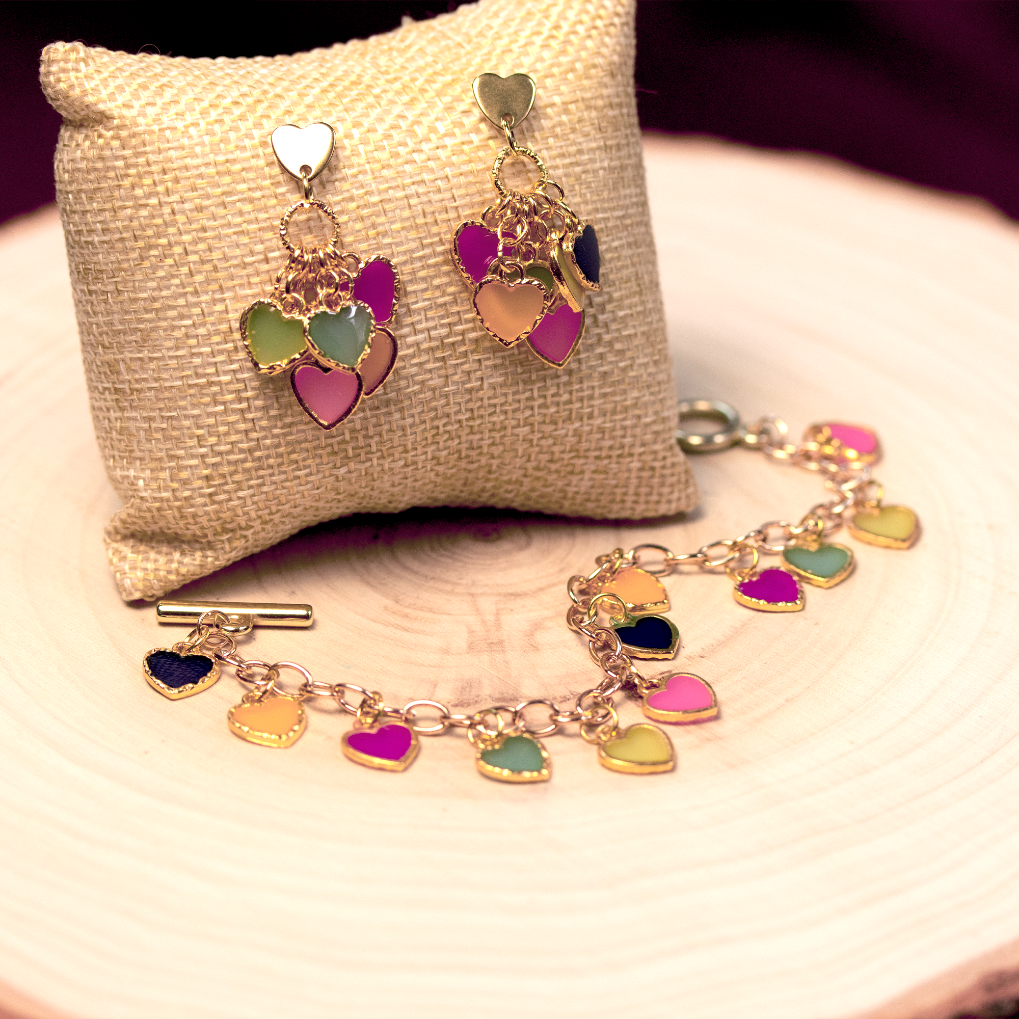 Rainbow Dangling Hearts Bracelet and Earrings Set