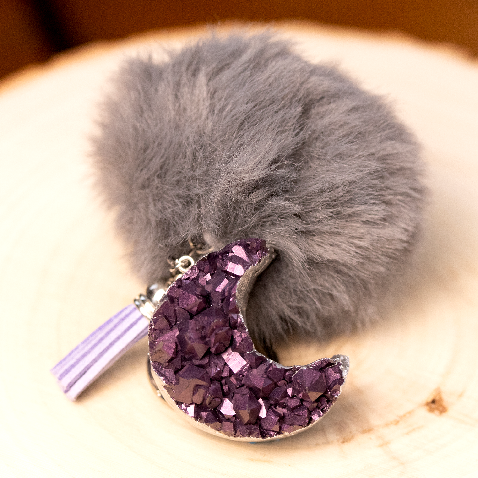 Metallic Purple Druzy Crystal Crescent Moon Keychain - Calico Unicorn