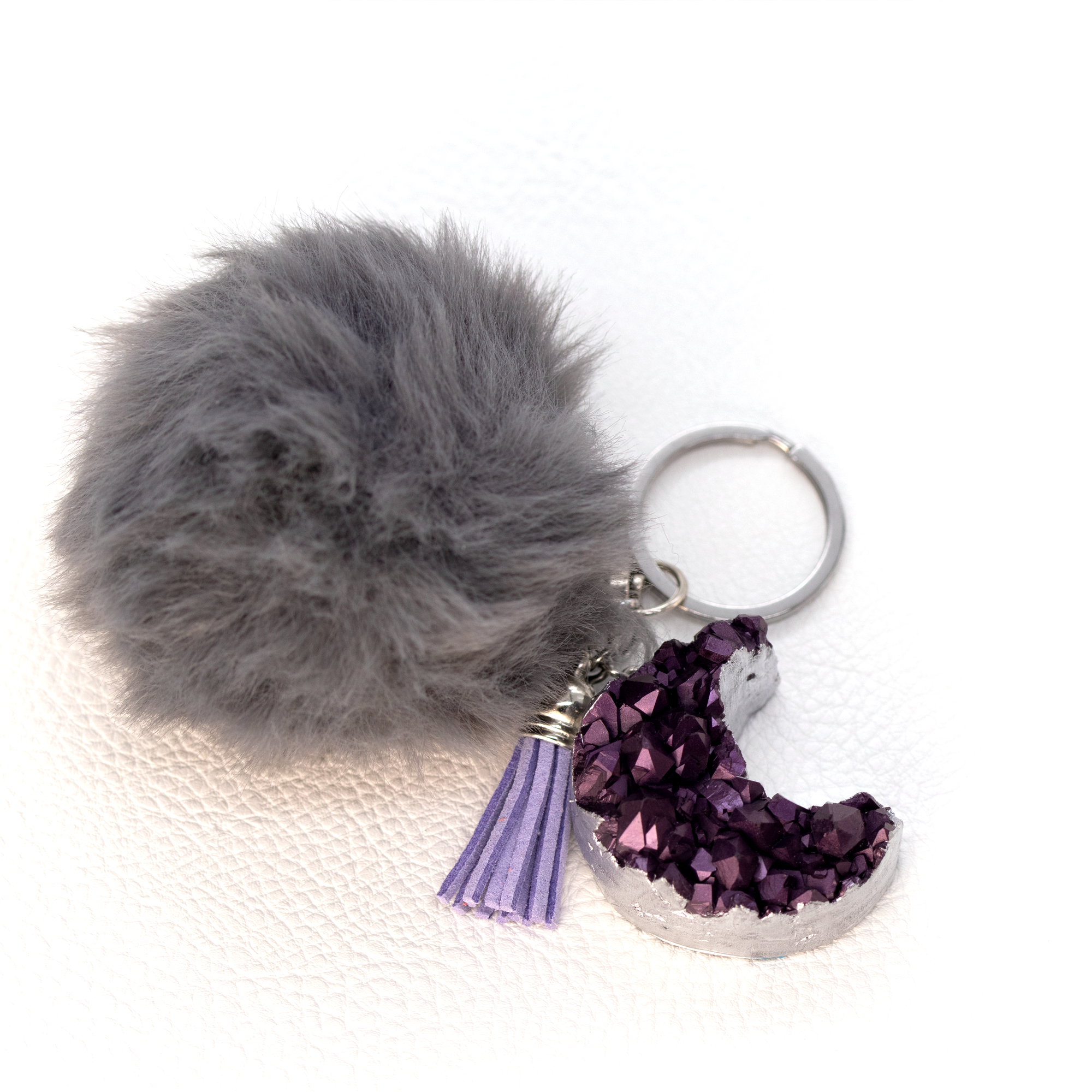 Metallic Purple Druzy Crystal Crescent Moon Keychain - Calico Unicorn
