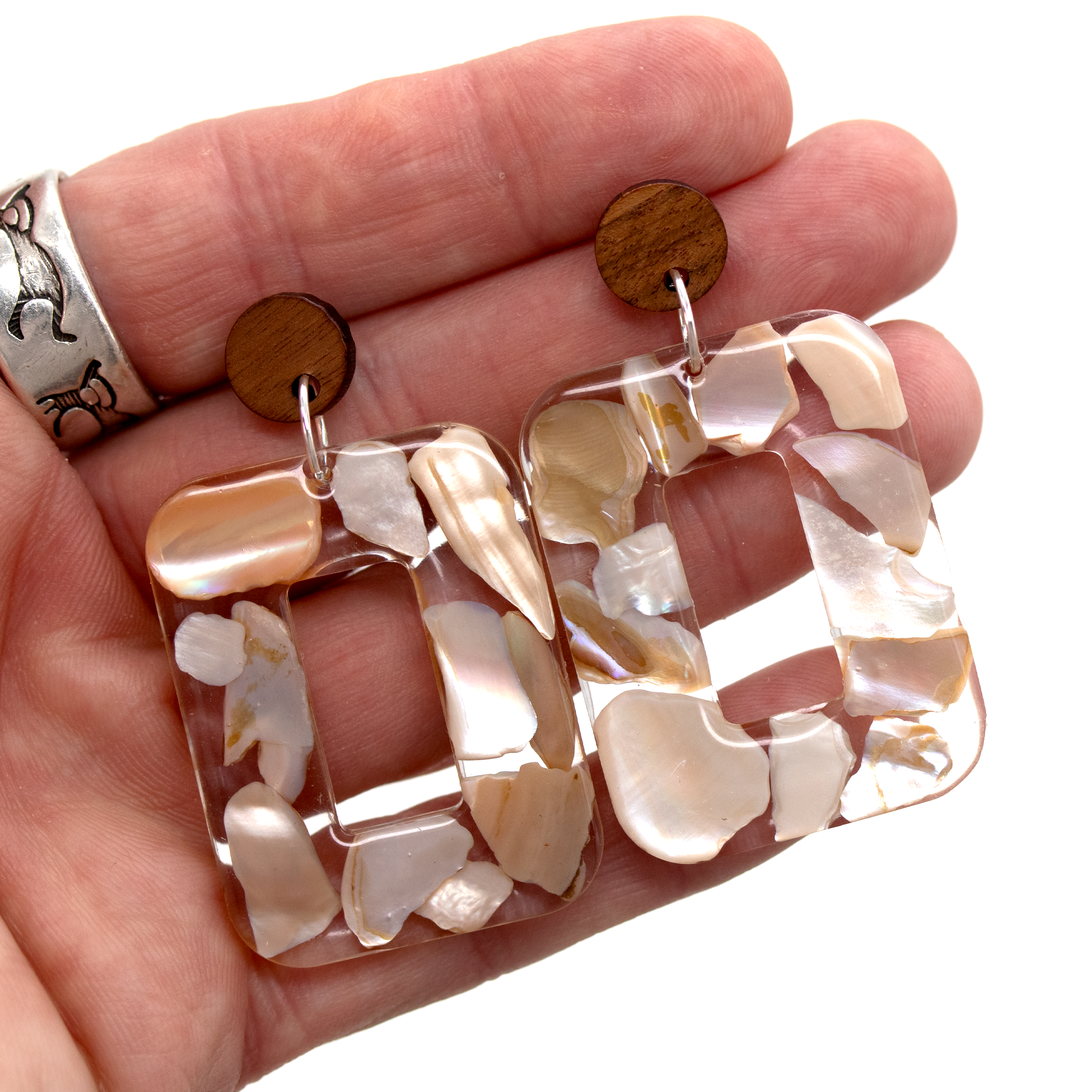 Boho Mother of Pearl Natural Wood Stud Earrings - Calico Unicorn