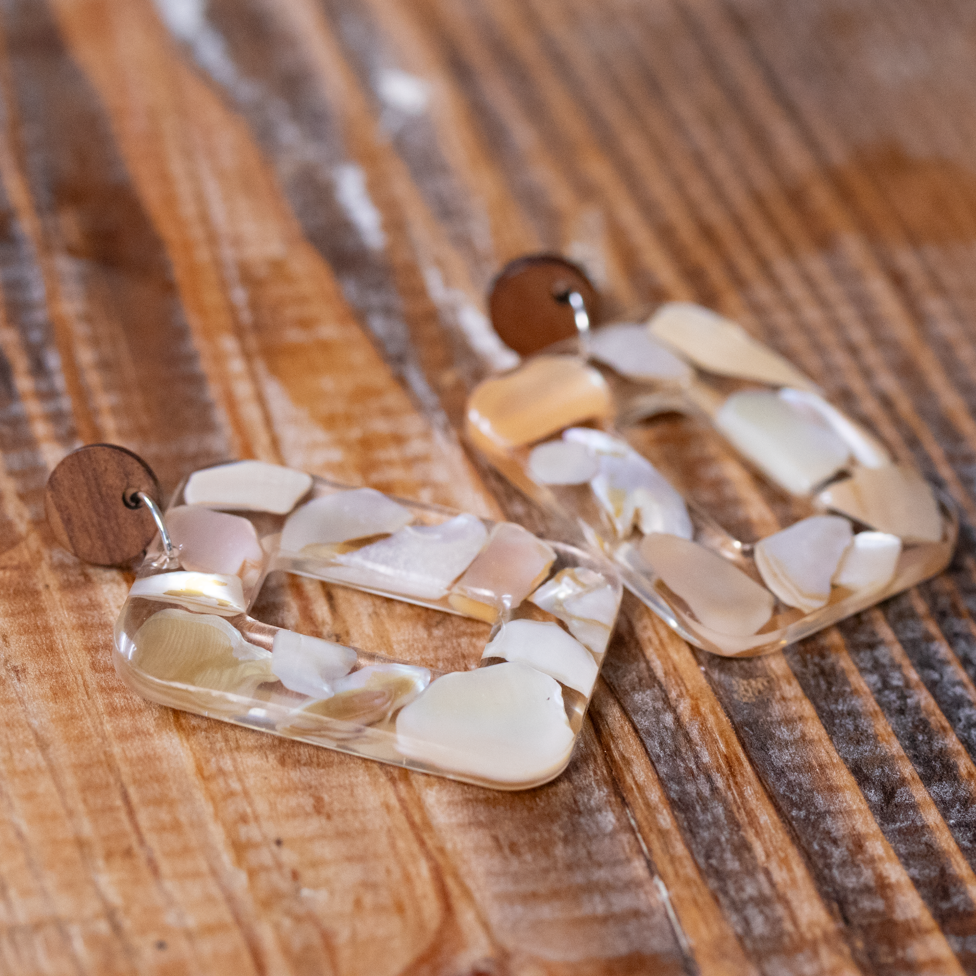 Boho Mother of Pearl Natural Wood Stud Earrings - Calico Unicorn