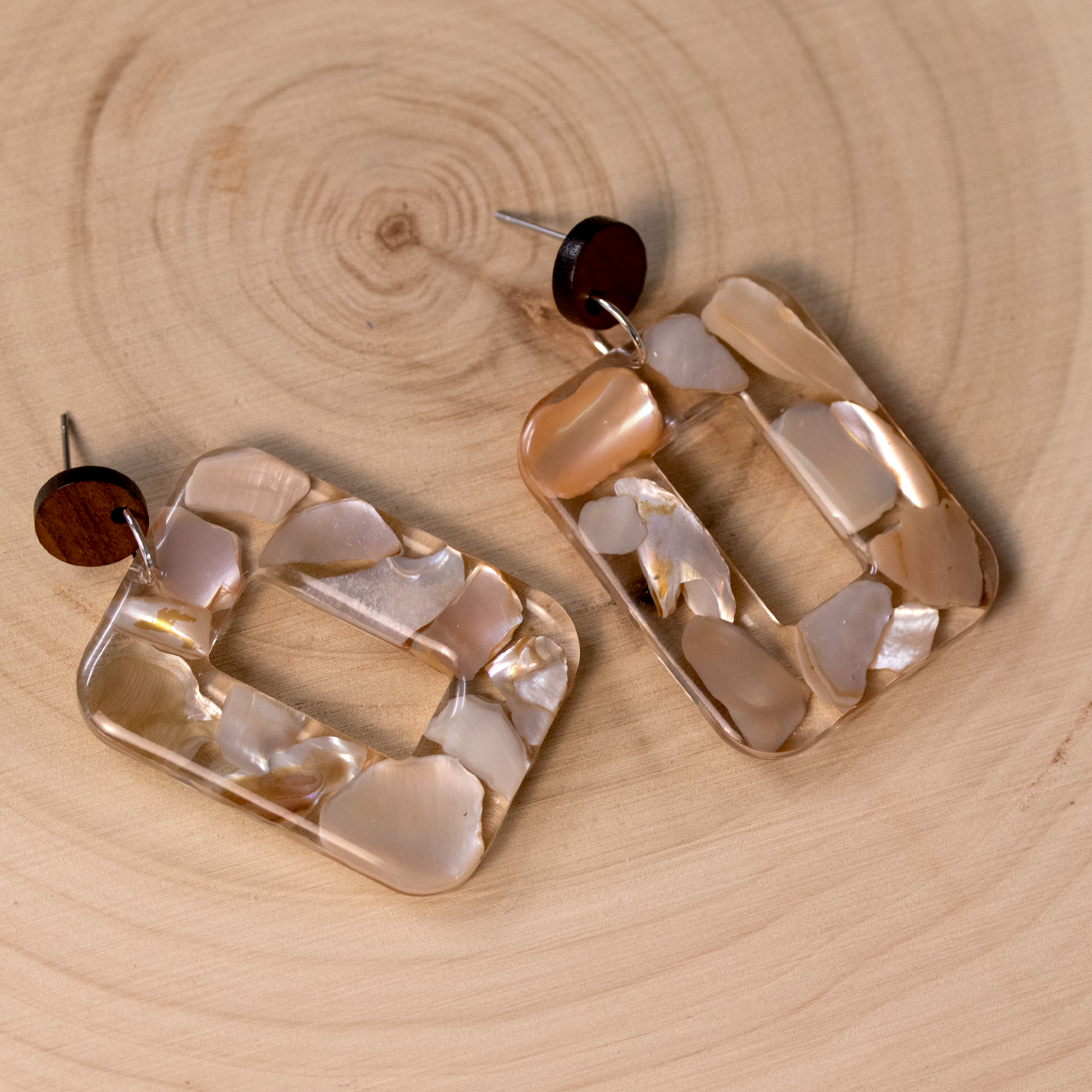 Boho Mother of Pearl Natural Wood Stud Earrings - Calico Unicorn