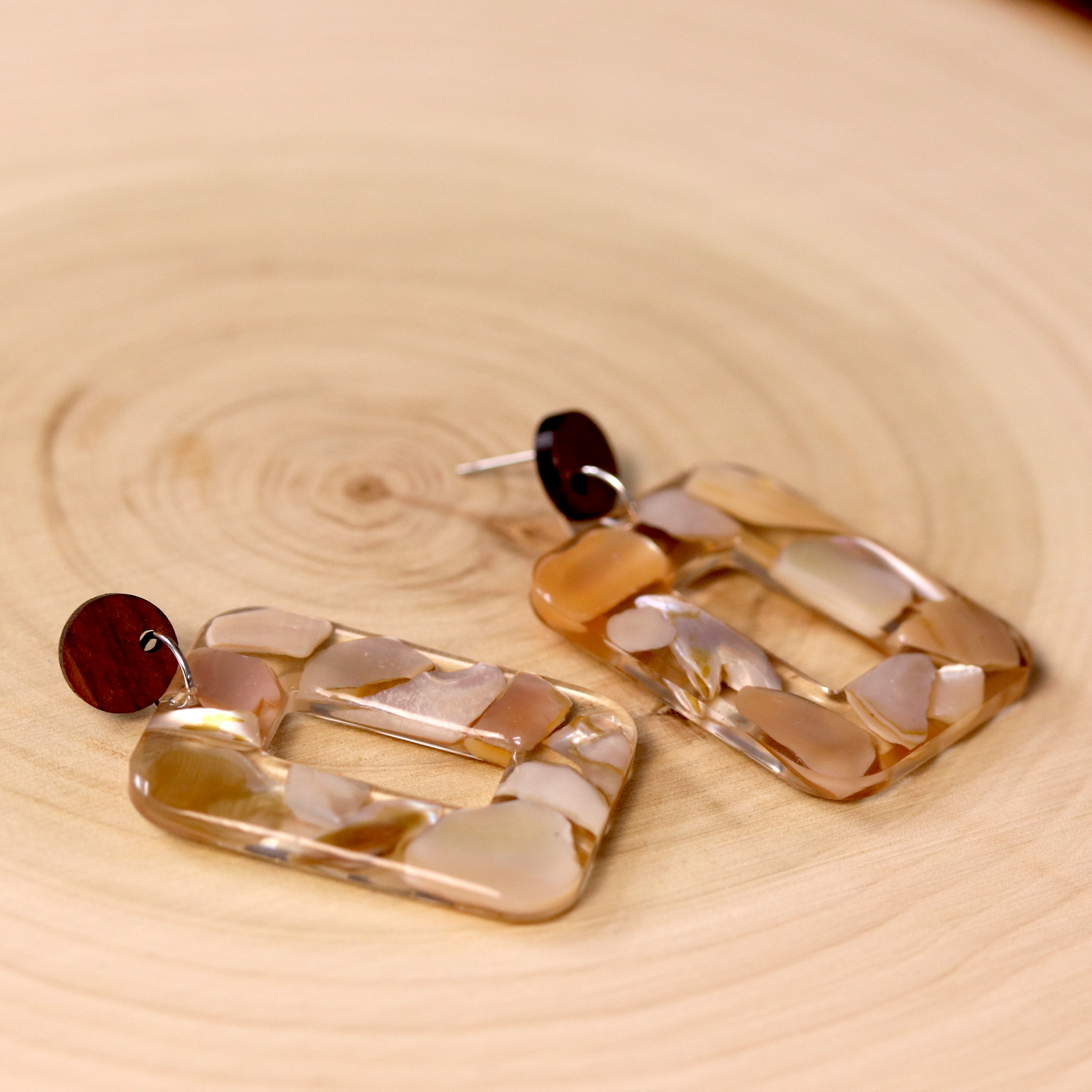 Boho Mother of Pearl Natural Wood Stud Earrings - Calico Unicorn