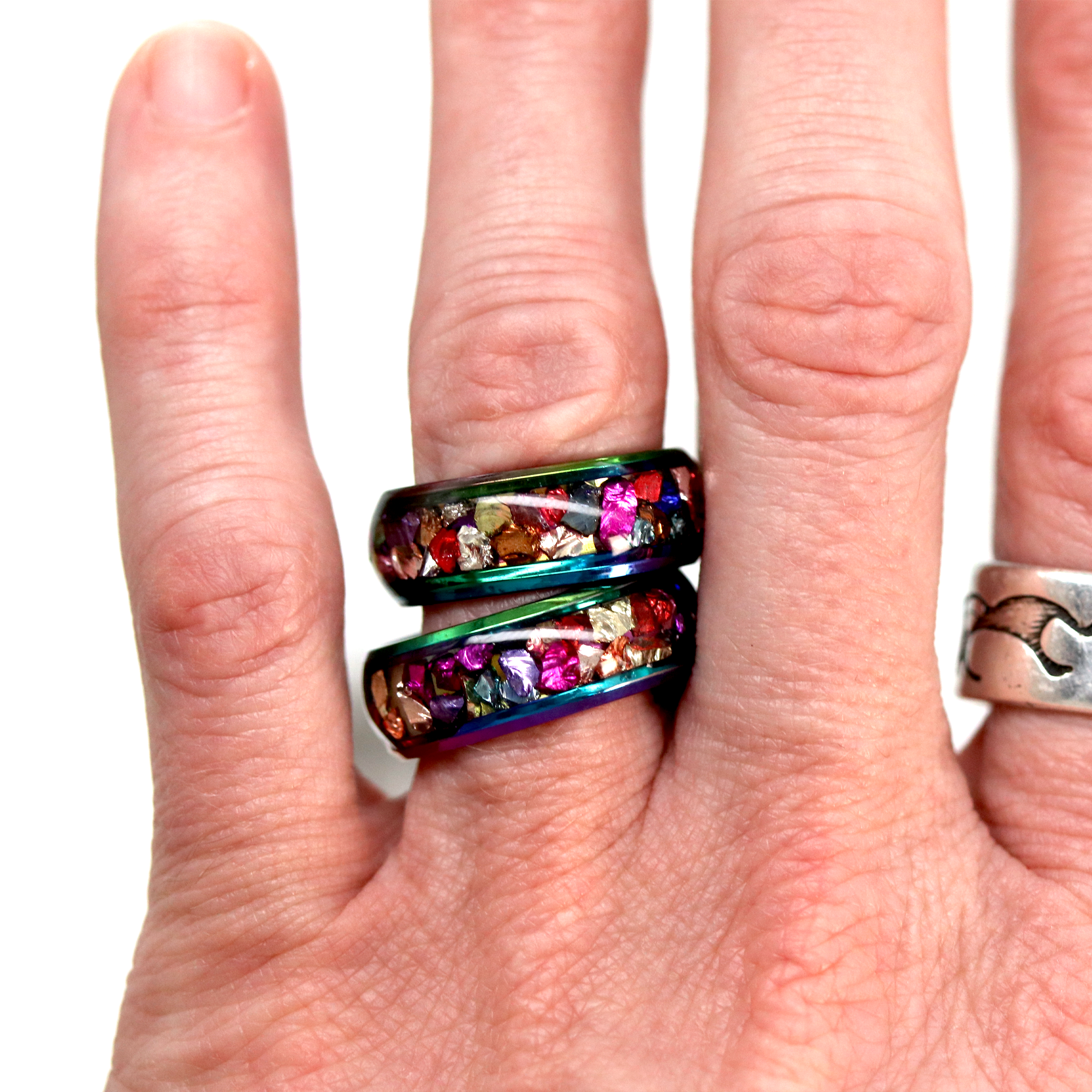Colorful Metallic Inlay Rainbow Metal Finish Ring - Calico Unicorn