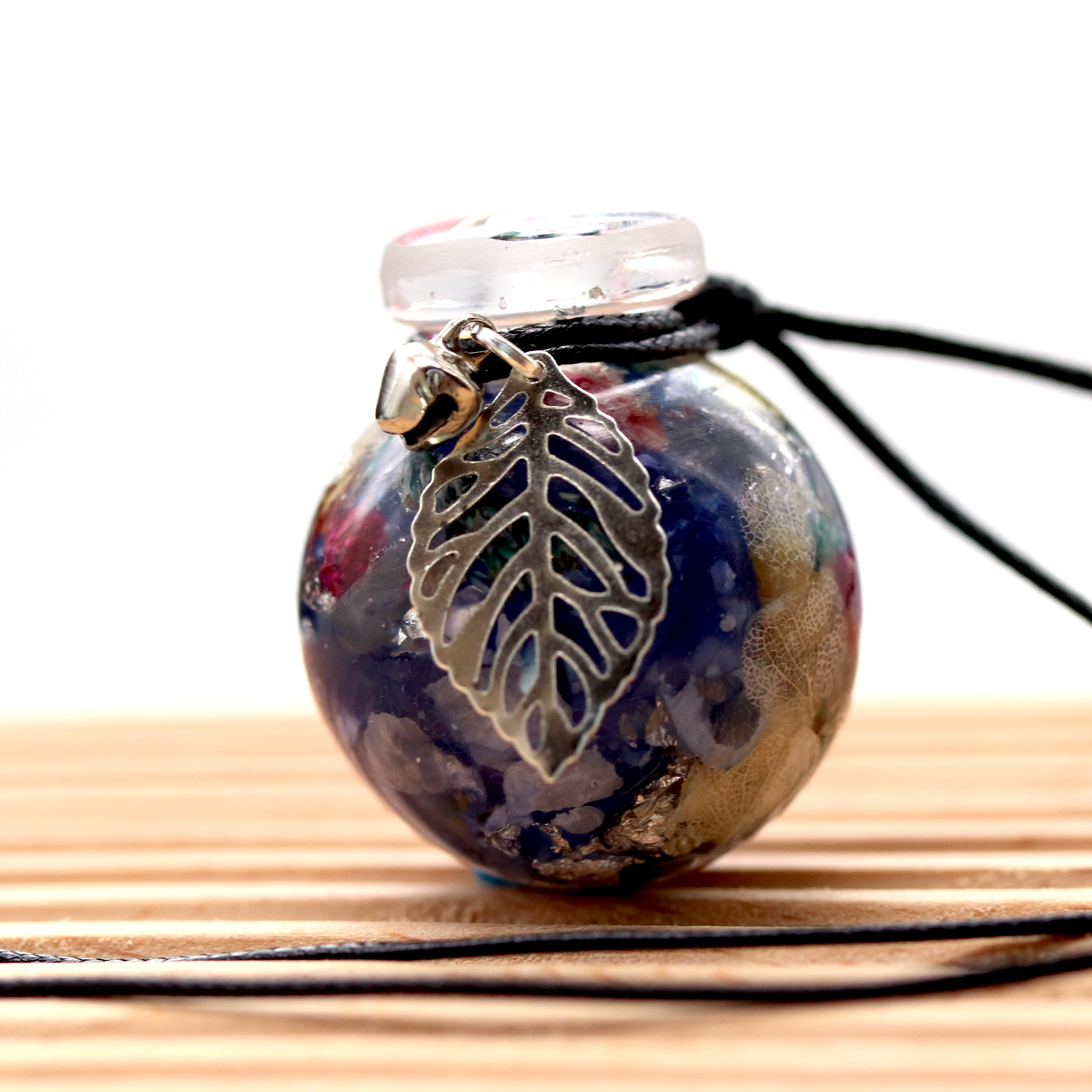 Blue with Silver Leaf Botanical Round Flower Pendant image 0