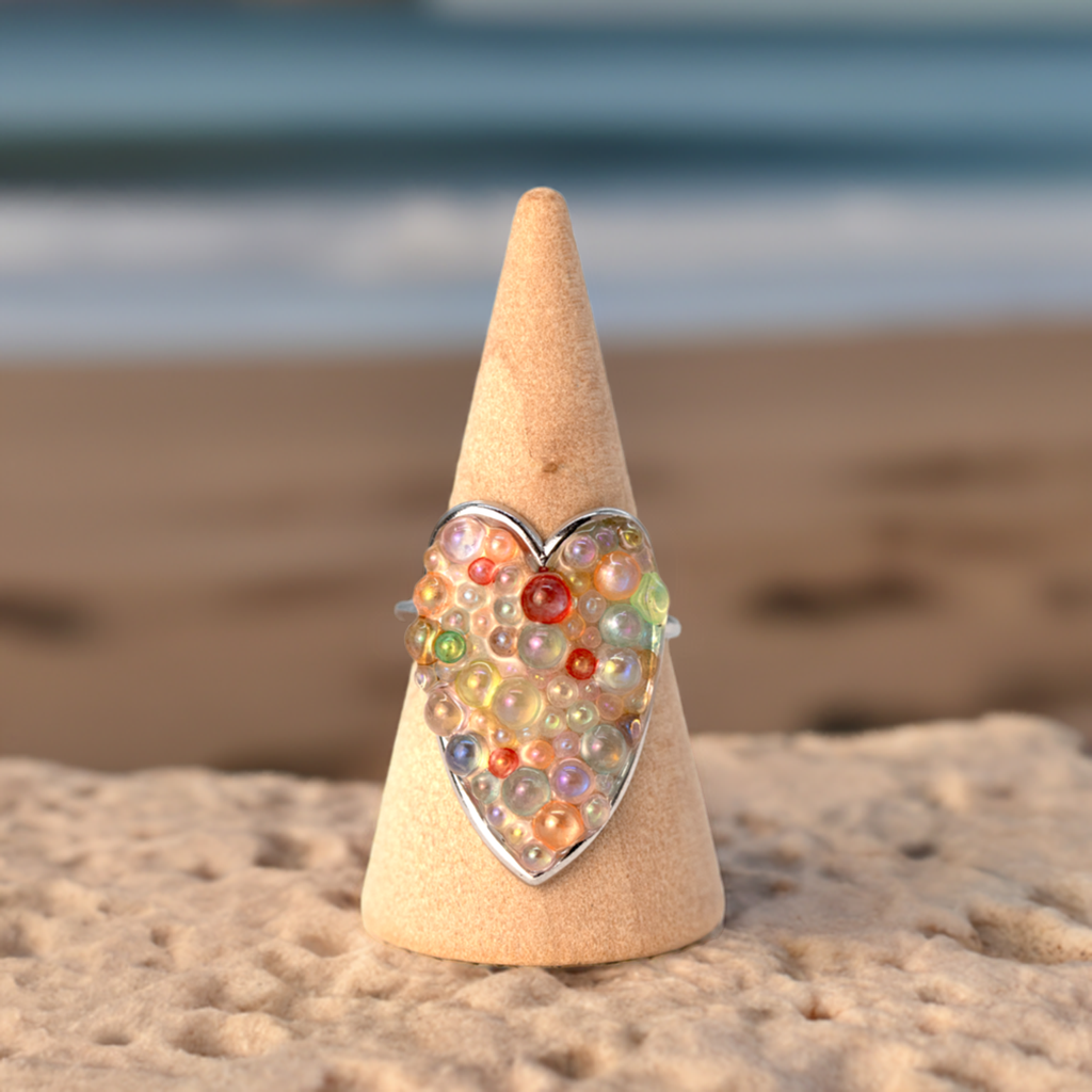 Rainbow Caviar Glass Bubble Heart Shaped Ring - Calico Unicorn