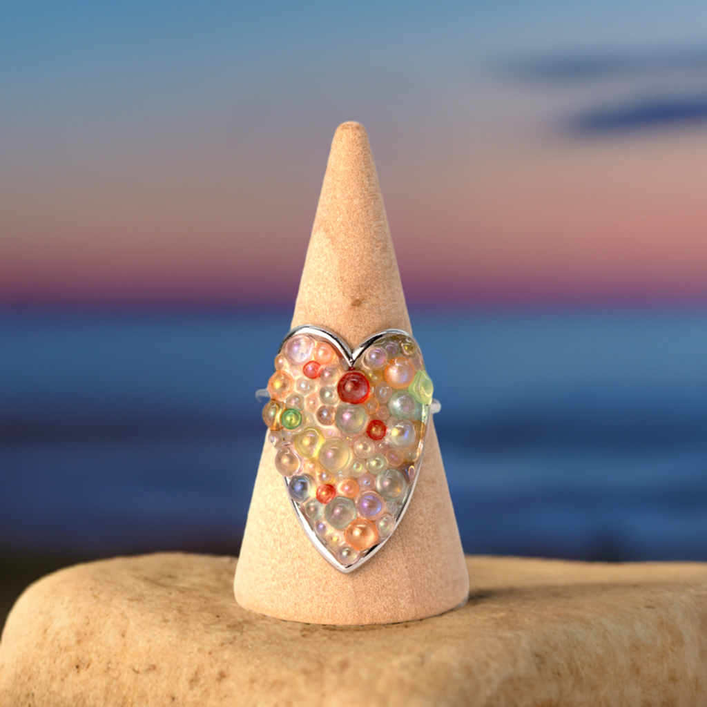 Rainbow Caviar Glass Bubble Heart Shaped Ring - Calico Unicorn